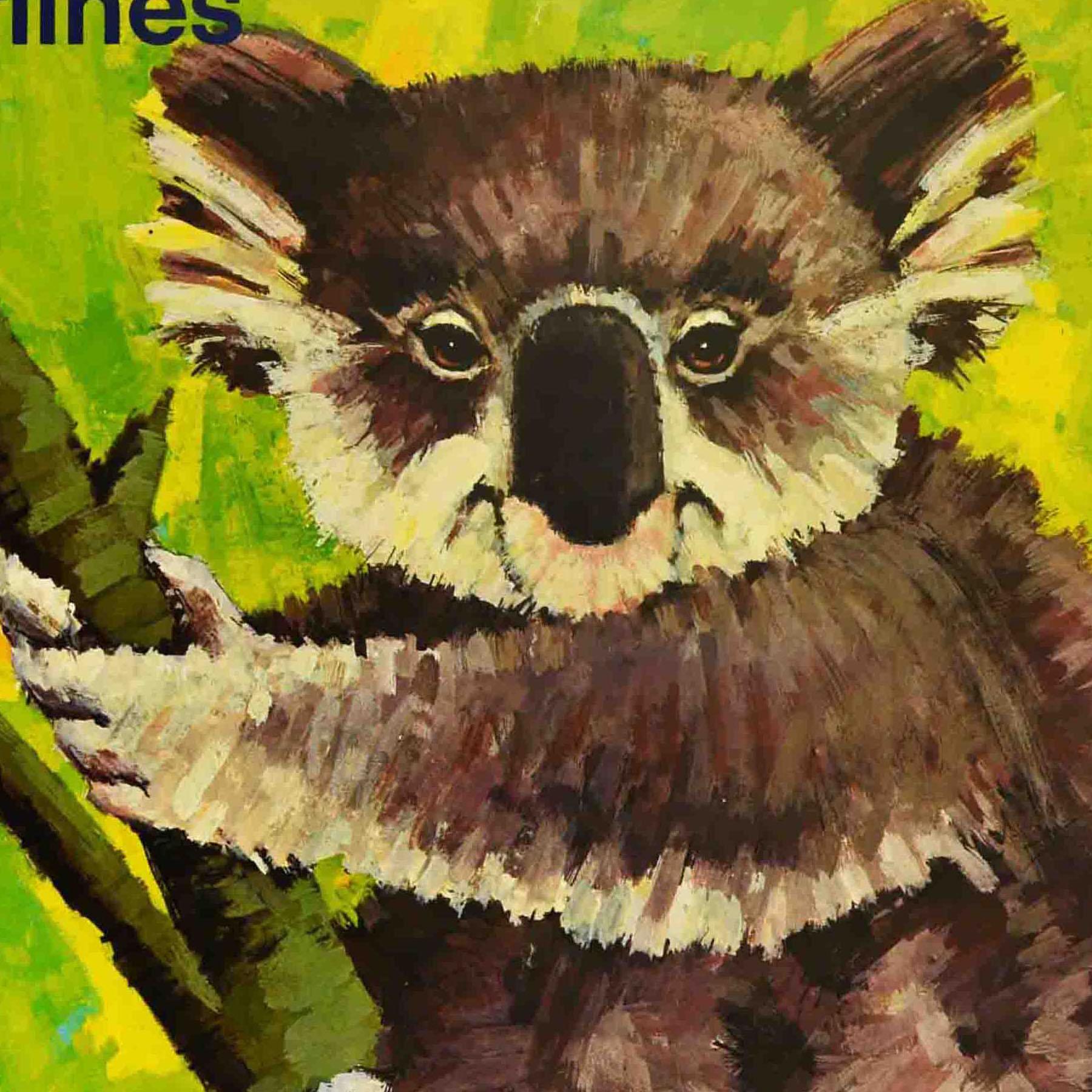 Original vintage travel poster - American Airlines Australia - featuring a great illustration of a koala bear in a tree looking at the viewer against a green shaded background. Good condition, creasing, staining, tears, small paper loss in bottom