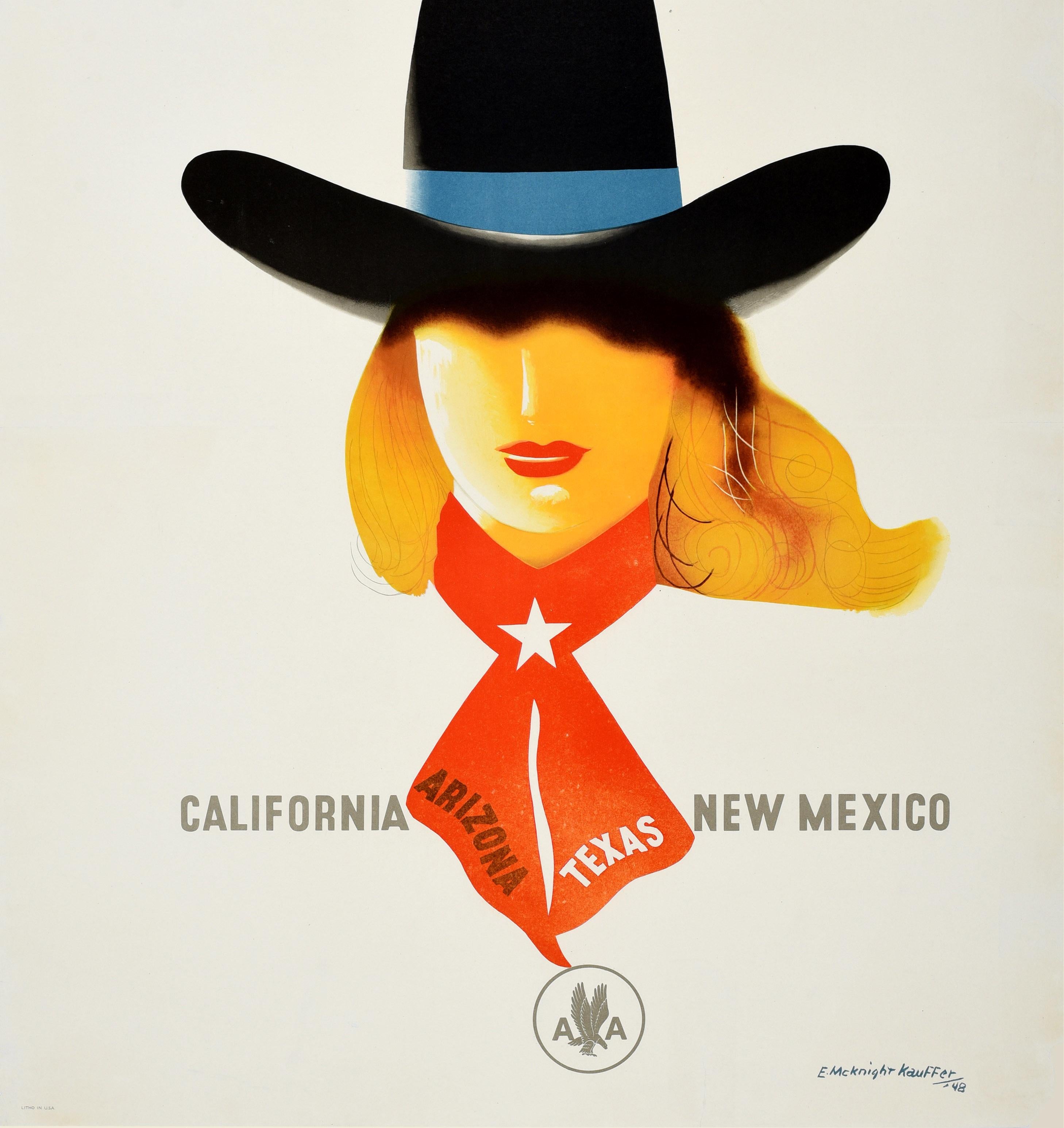 Mid-20th Century Original Vintage Travel Poster American Airlines California New Mexico Cowgirl