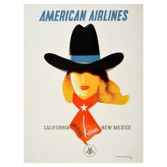 Original-Vintage-Reiseplakat American Airlines, Kalifornien, New Mexico, Kuhgirl