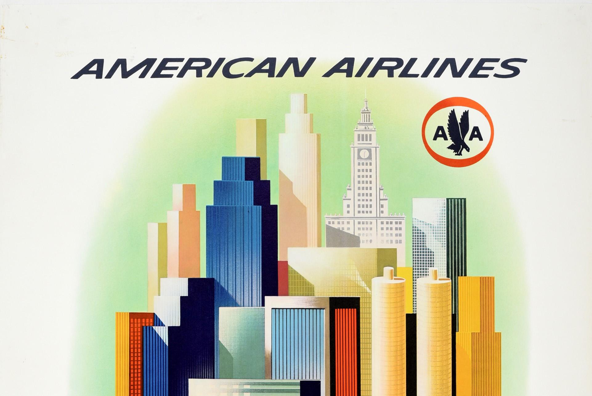 Original vintage travel poster - American Airlines Chicago - featuring a great design by Henry K. Bencsath (1909-1996) depicting the city skyline with the AA eagle logo for American Airlines at the top and the title Chicago reflected on the water of