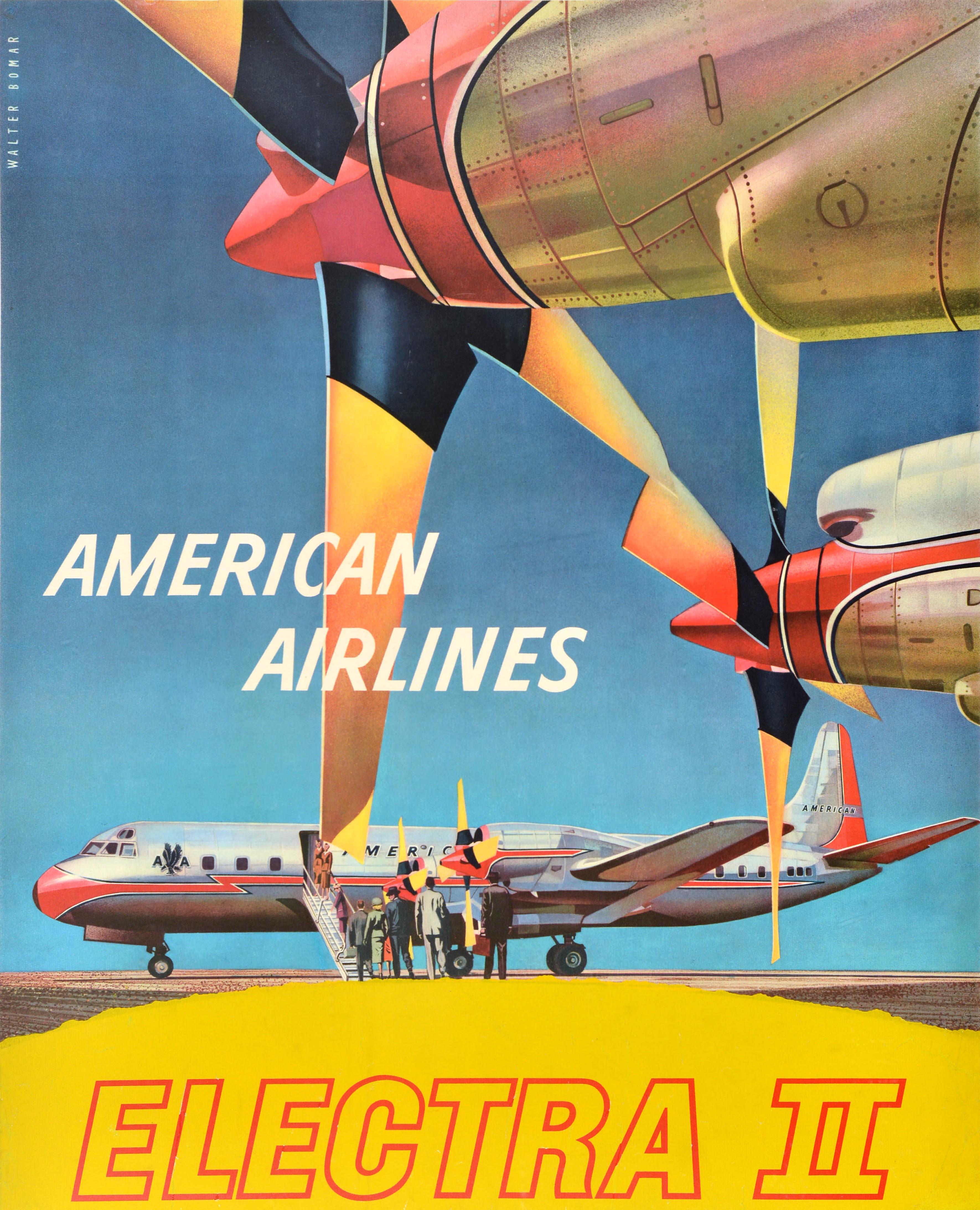 Affiche publicitaire originale d'époque pour une compagnie aérienne - American Airlines Electra II - promouvant l'ajout de ce nouvel avion à leur flotte. Cette affiche présente un design moderne du milieu du siècle, coloré et audacieux, réalisé par