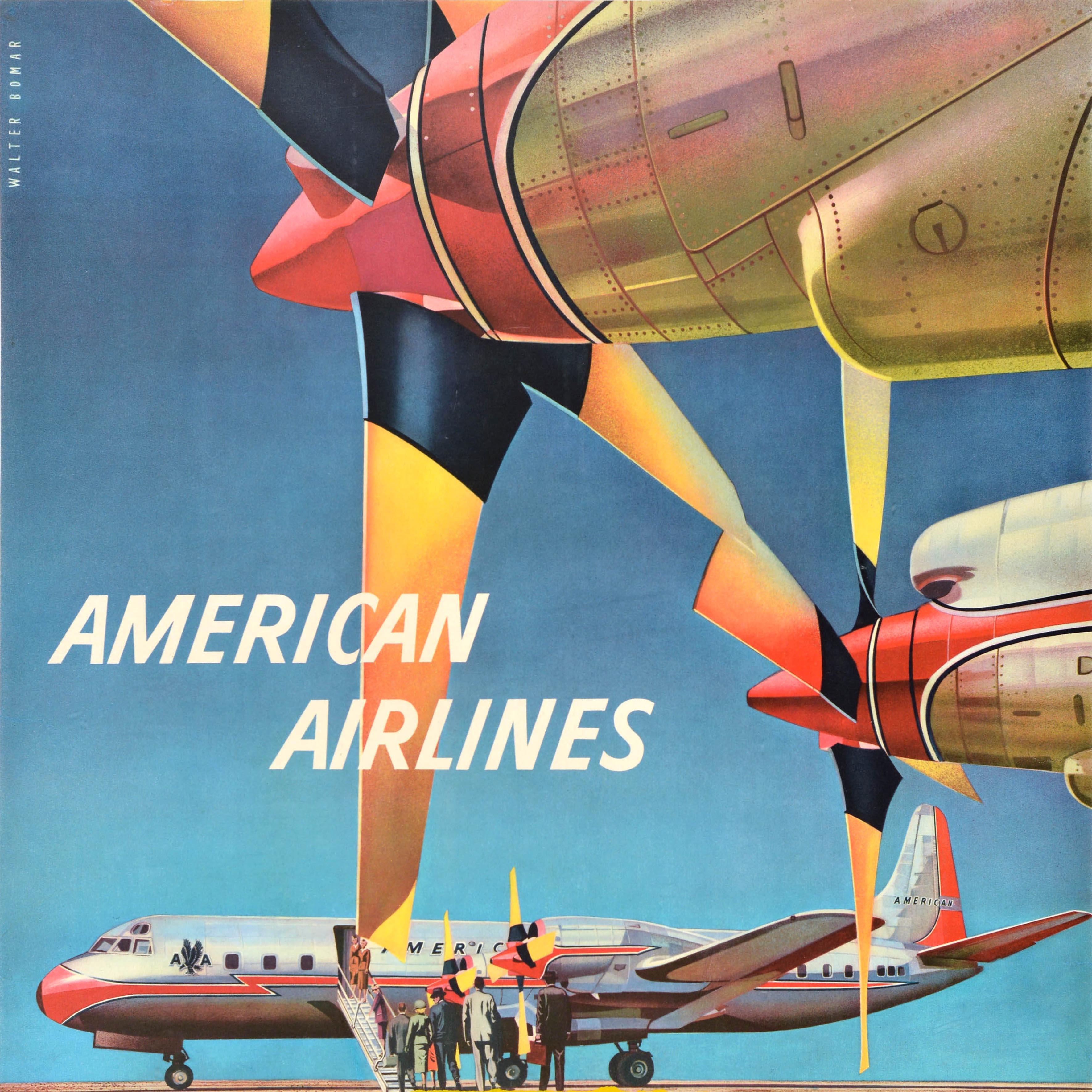 Mid-Century Modern Affiche de voyage originale de l'American Airlines Lockheed L188 Electra II Bomar en vente