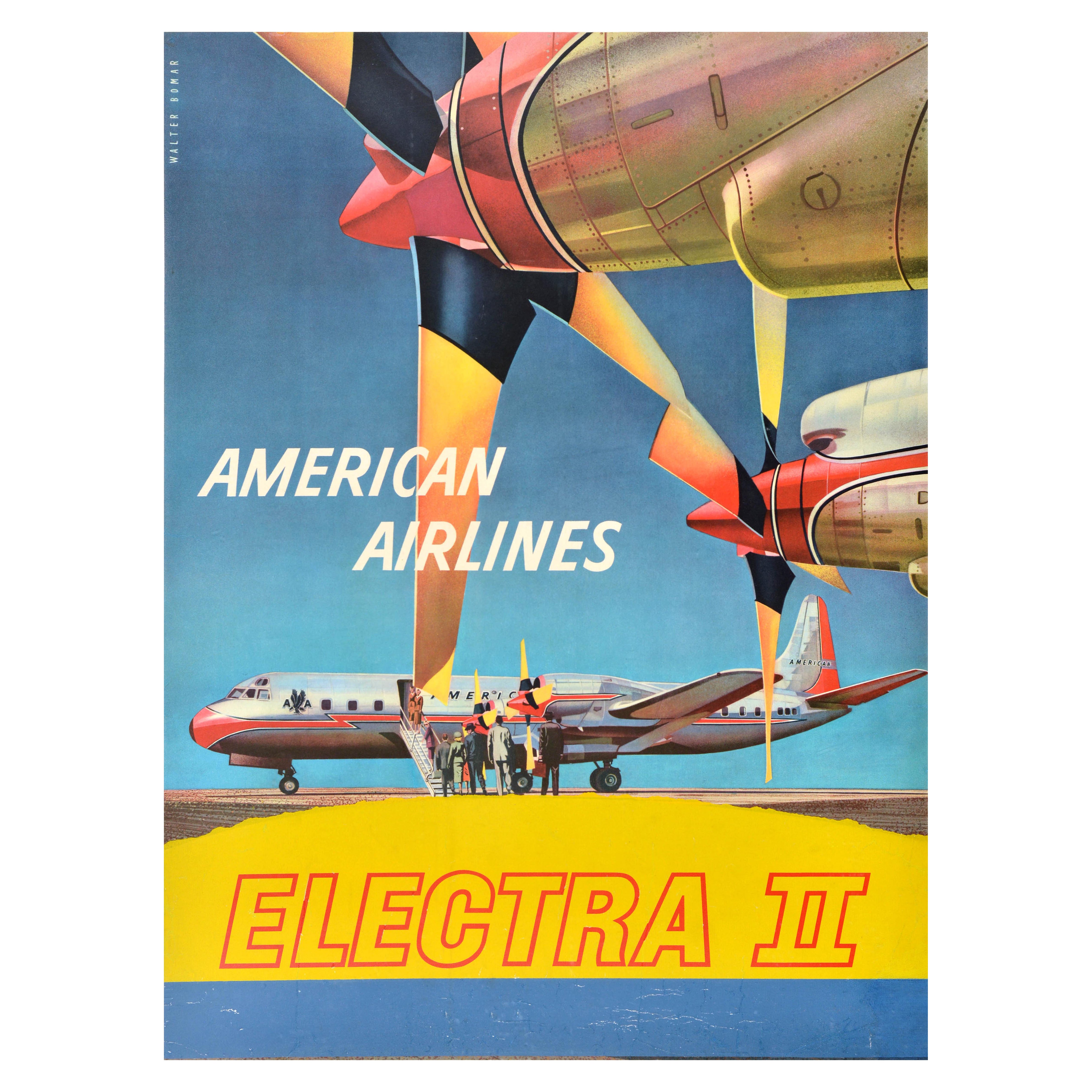 Poster di viaggio originale d'epoca American Airlines Lockheed L188 Electra II Bomar