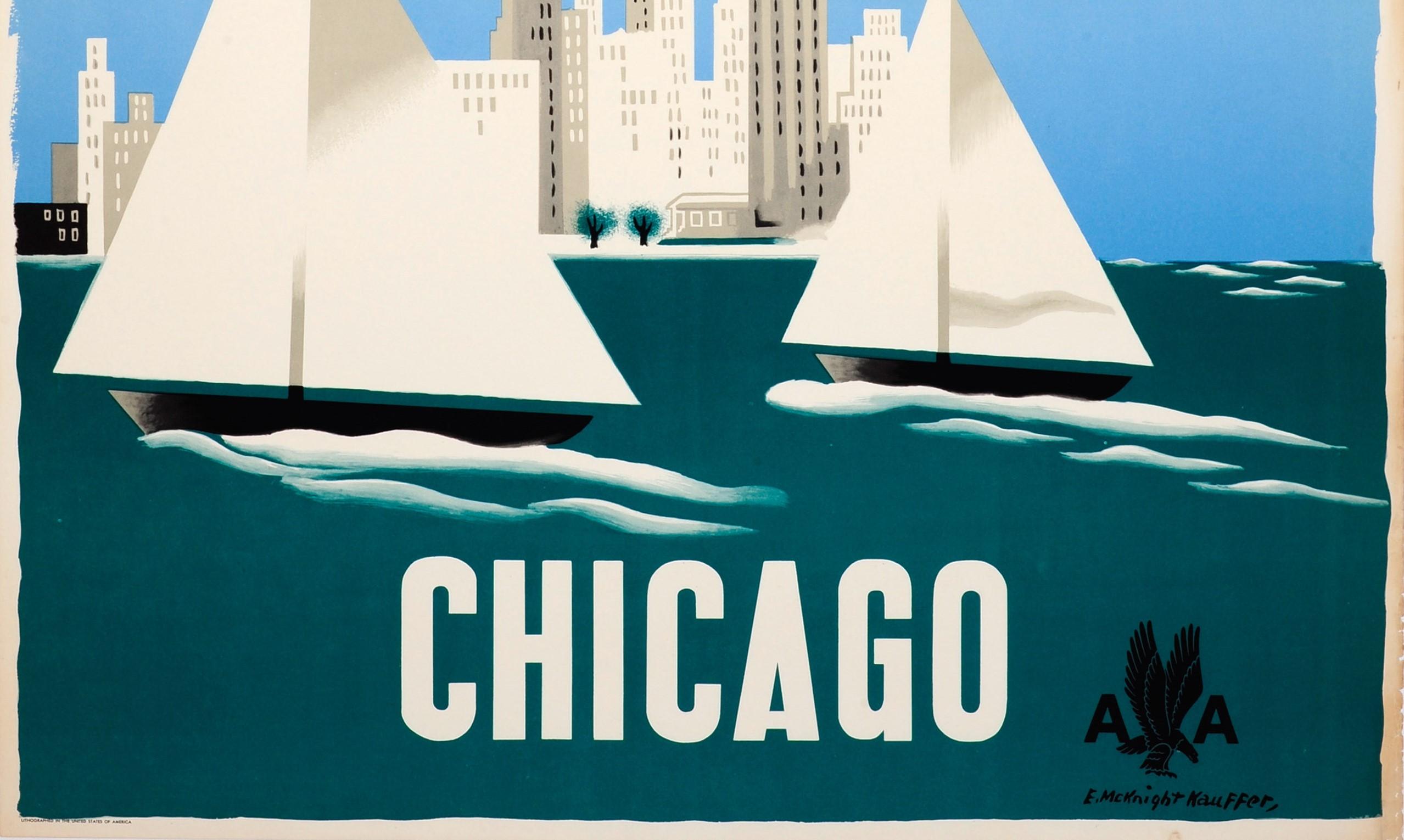 Mid-20th Century Original Vintage Travel Poster American Airlines to Chicago Ft Sailing City View