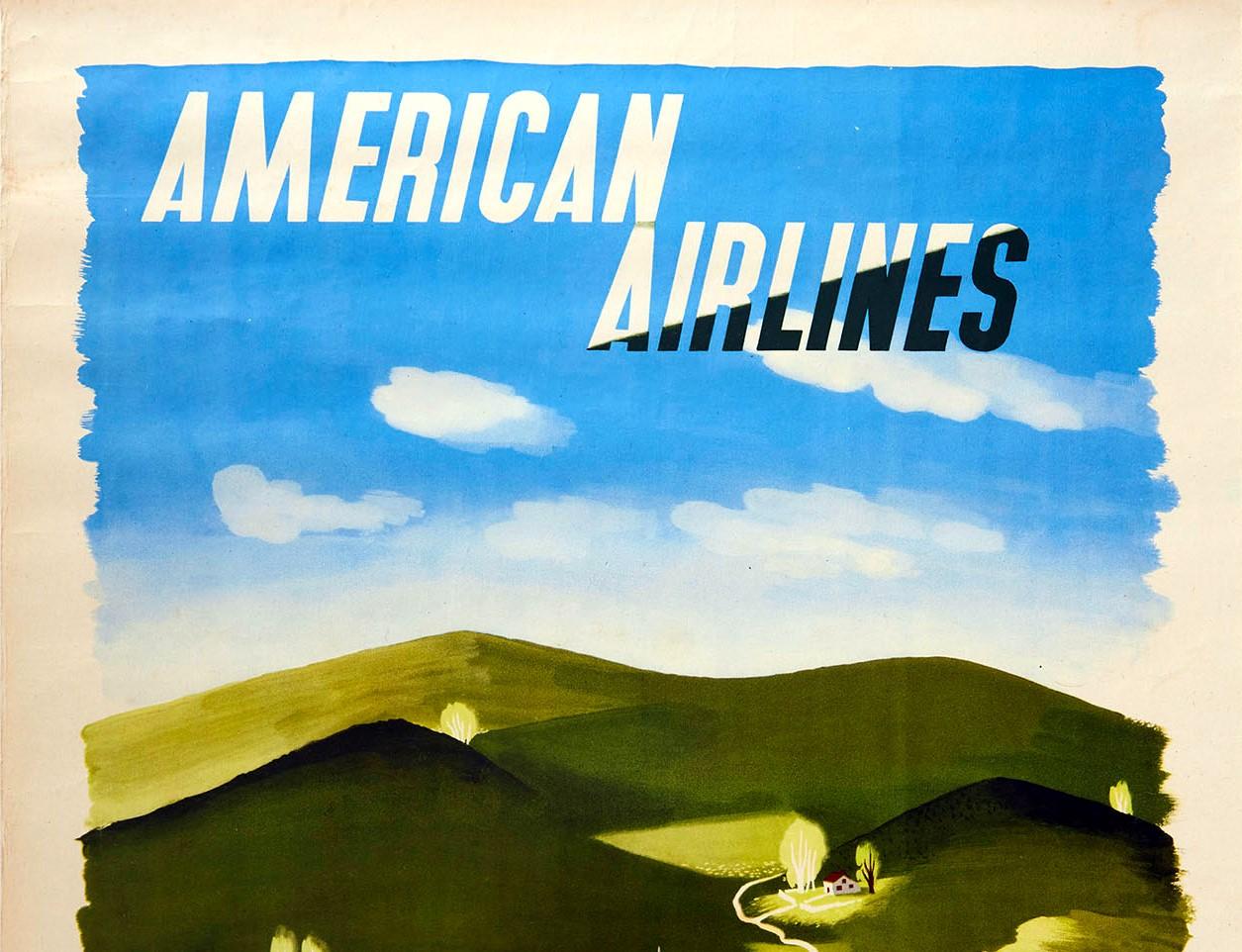 Original vintage travel advertising poster - American Airlines to New England - designed by one of the most renowned poster artists of the 20th century Edward McKnight Kauffer (1890-1954) featuring a scenic countryside view in shades of green and