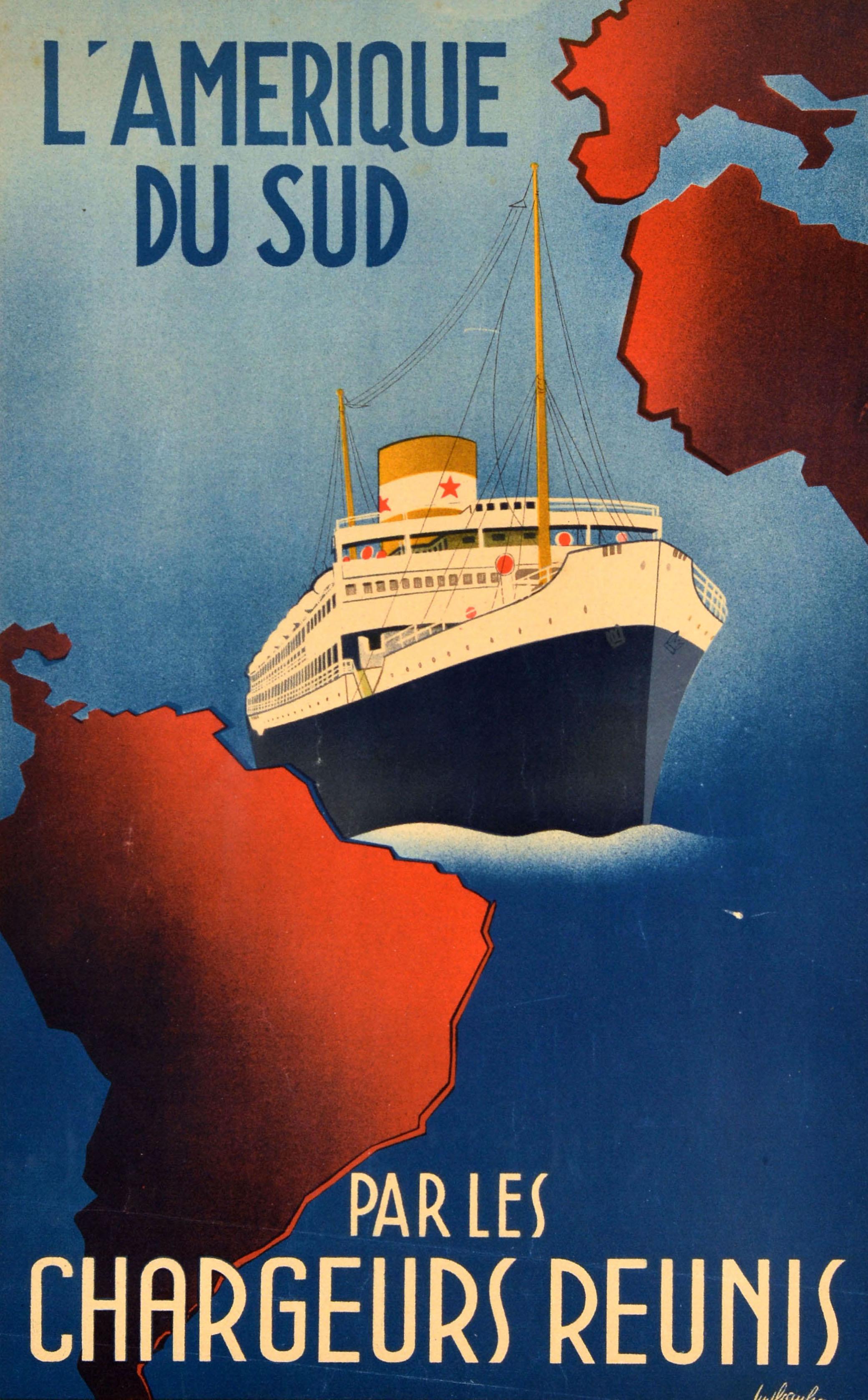 Original vintage cruise travel poster for South America by Chargeurs Reunis / L'Amerique Du Sud par les Chargeurs Reunis featuring a ship sailing on the Atlantic Ocean between map shapes of Europe and Africa on the right and South America on the