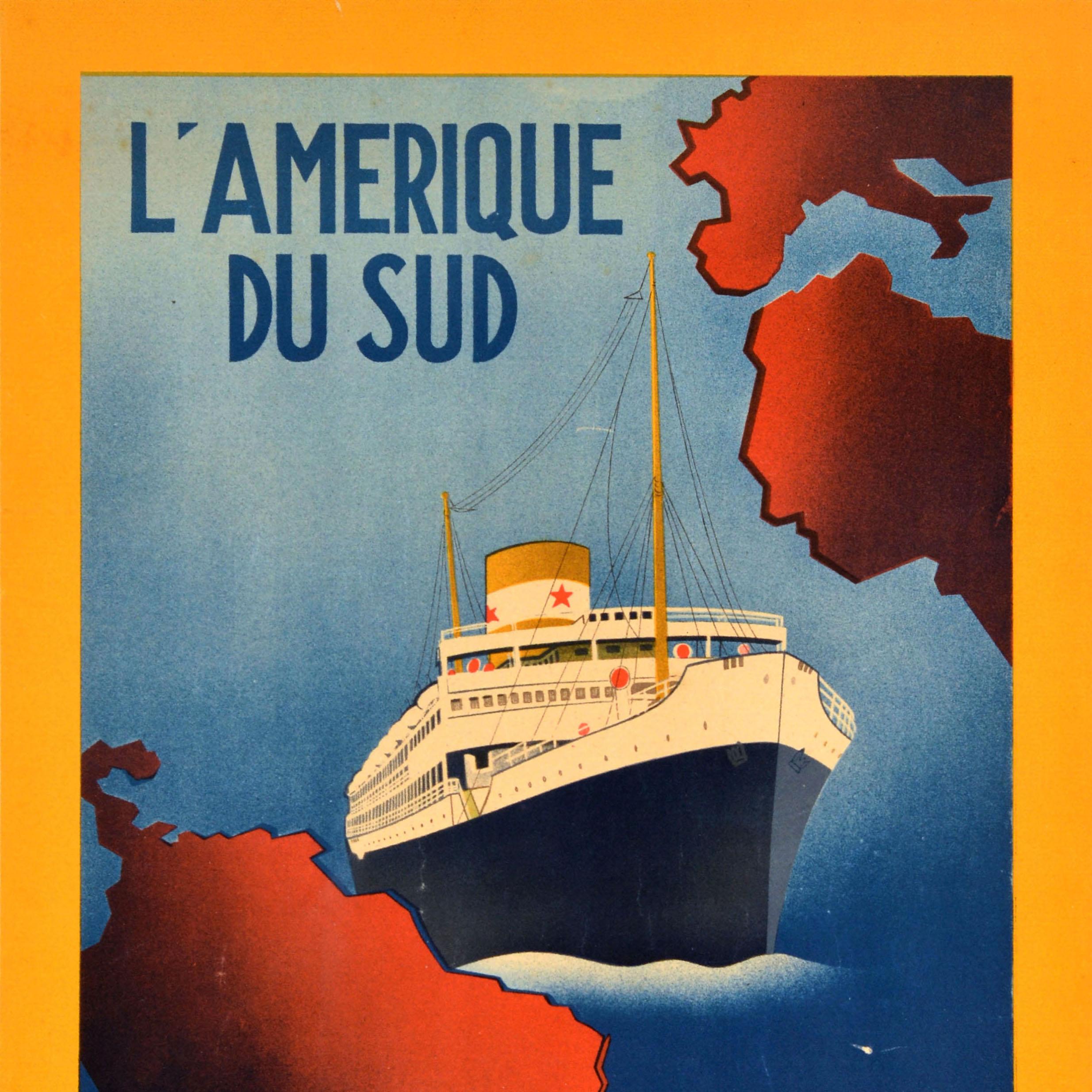 French Original Vintage Travel Poster Amerique Du Sud Par Les Chargeurs Reunis Cruise For Sale