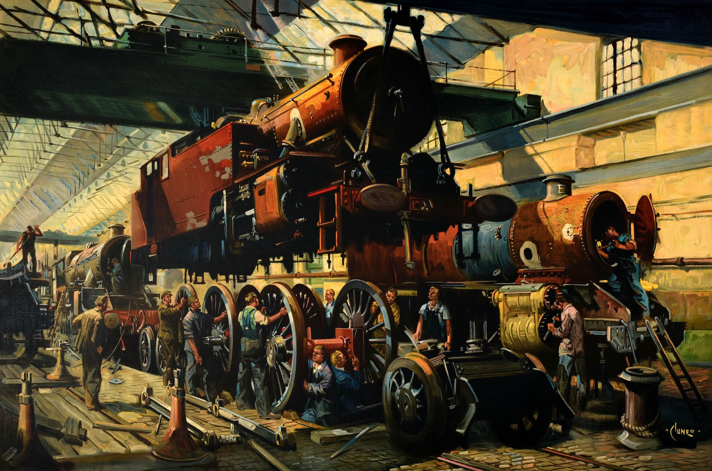 Original vintage British Railways poster - An Engine is Wheeled Derby Locomotive Works - featuring an industrial scene by the notable British artist Terence Tenison Cuneo (1907-1996) depicting a BR Standard 2-6-4 tank engine held by a crane above
