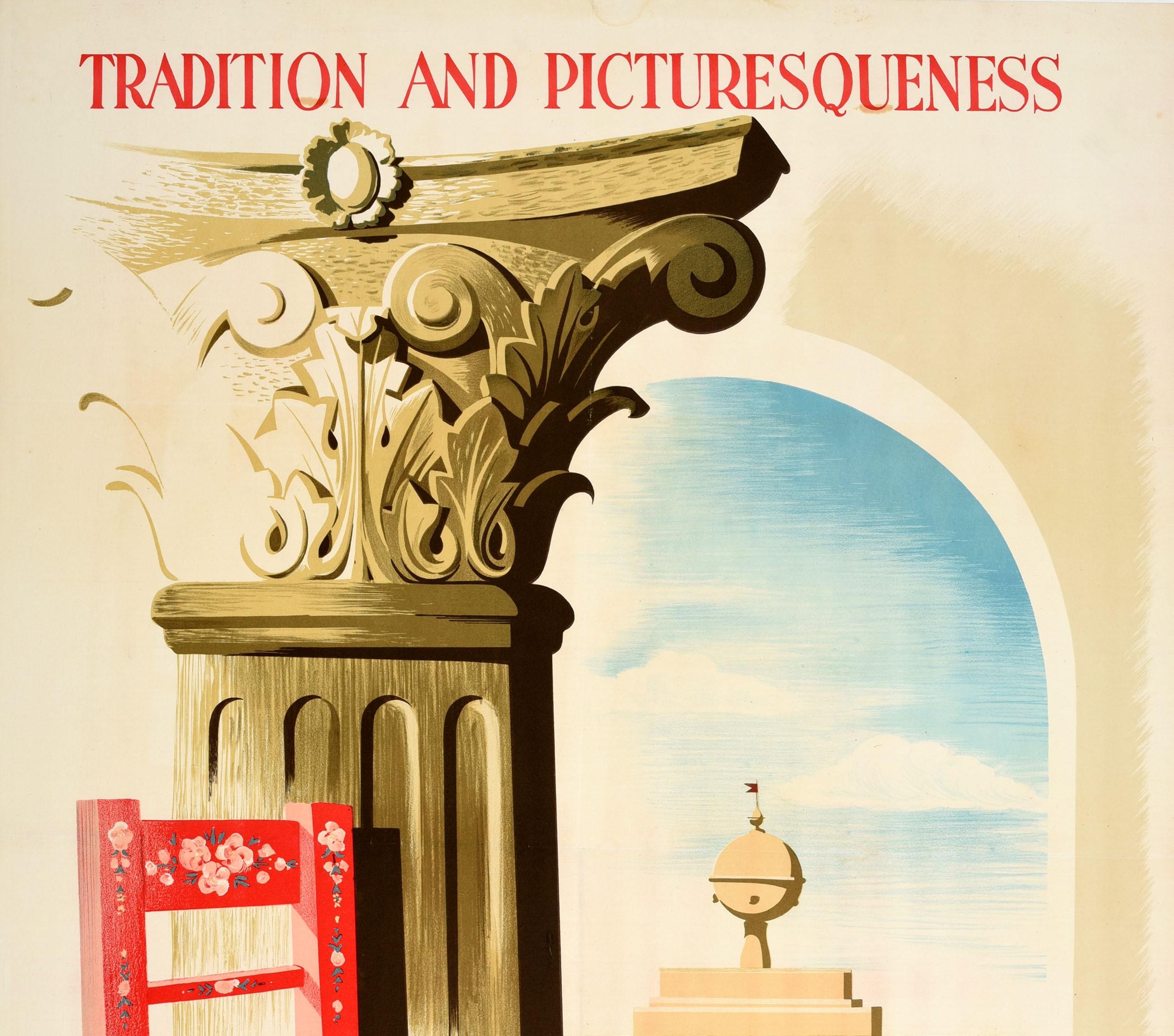 Original vintage travel poster for Ancient Evora Portugal Tradition and Picturesqueness showing the decoration at the top of an ancient pillar with a red floral chair in the foreground and a view through an arch to the historic 1556 spherical