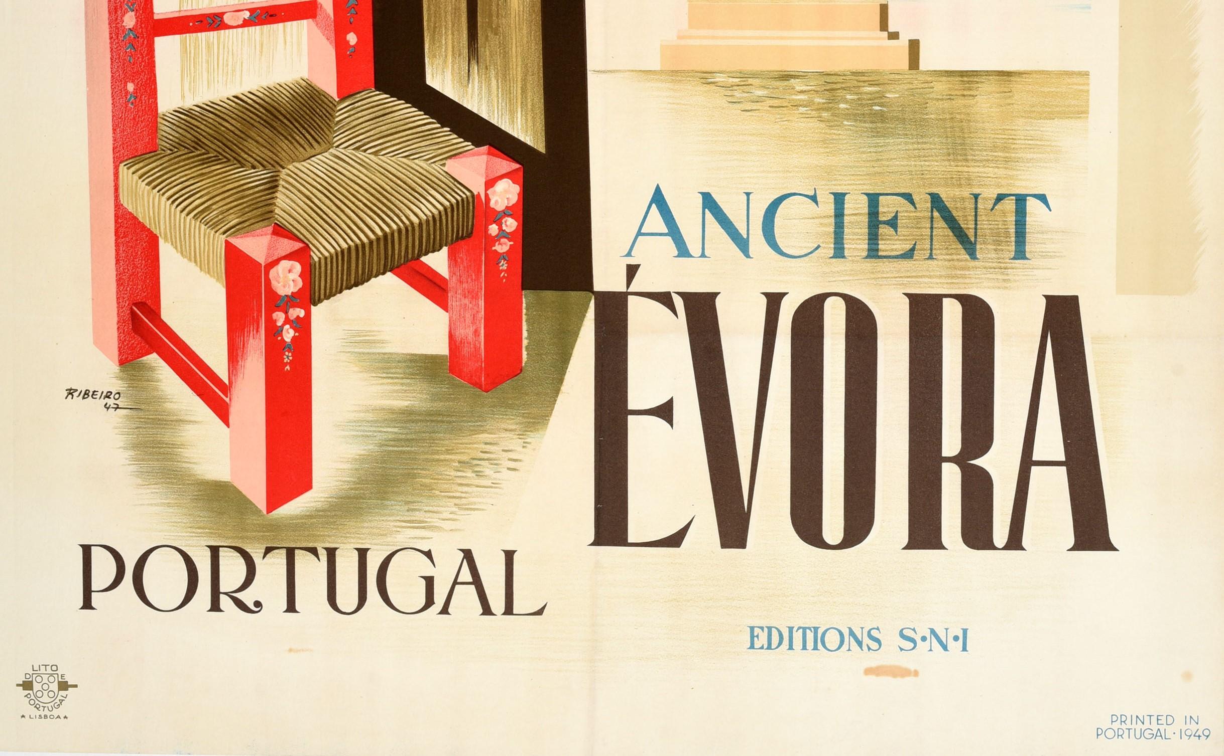 Portuguese Original Vintage Travel Poster Ancient Evora Portugal Tradition Picturesqueness For Sale