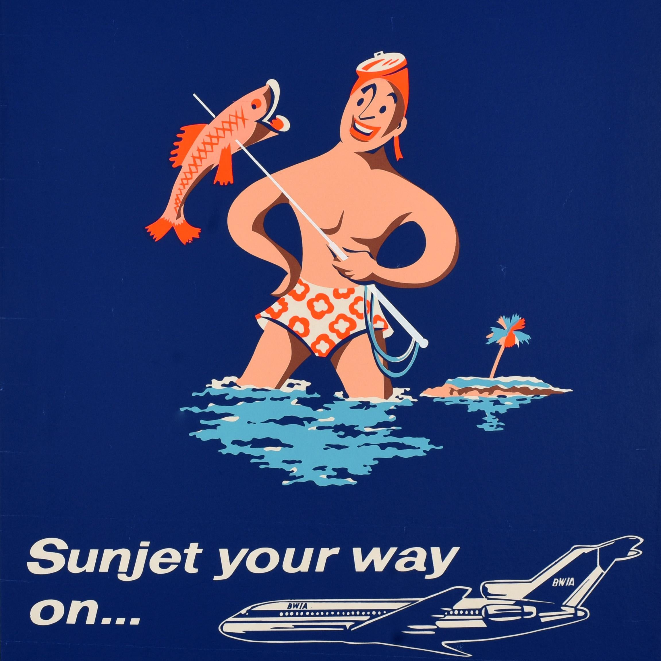 Original vintage travel poster - Antigua Sunjet your way on ... BWIA - featuring a fishing design depicting a smiling man wearing floral patterned swimming trunks and a mask on his head, holding a spear with a fish on it in front of a palm tree on