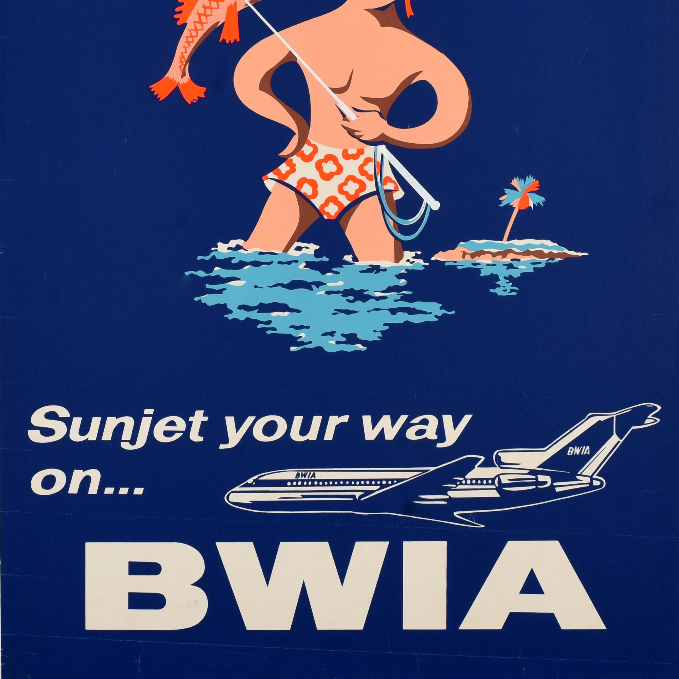 Original Vintage Travel Poster Antigua BWIA Airline Sunjet Fishing Midcentury In Good Condition For Sale In London, GB