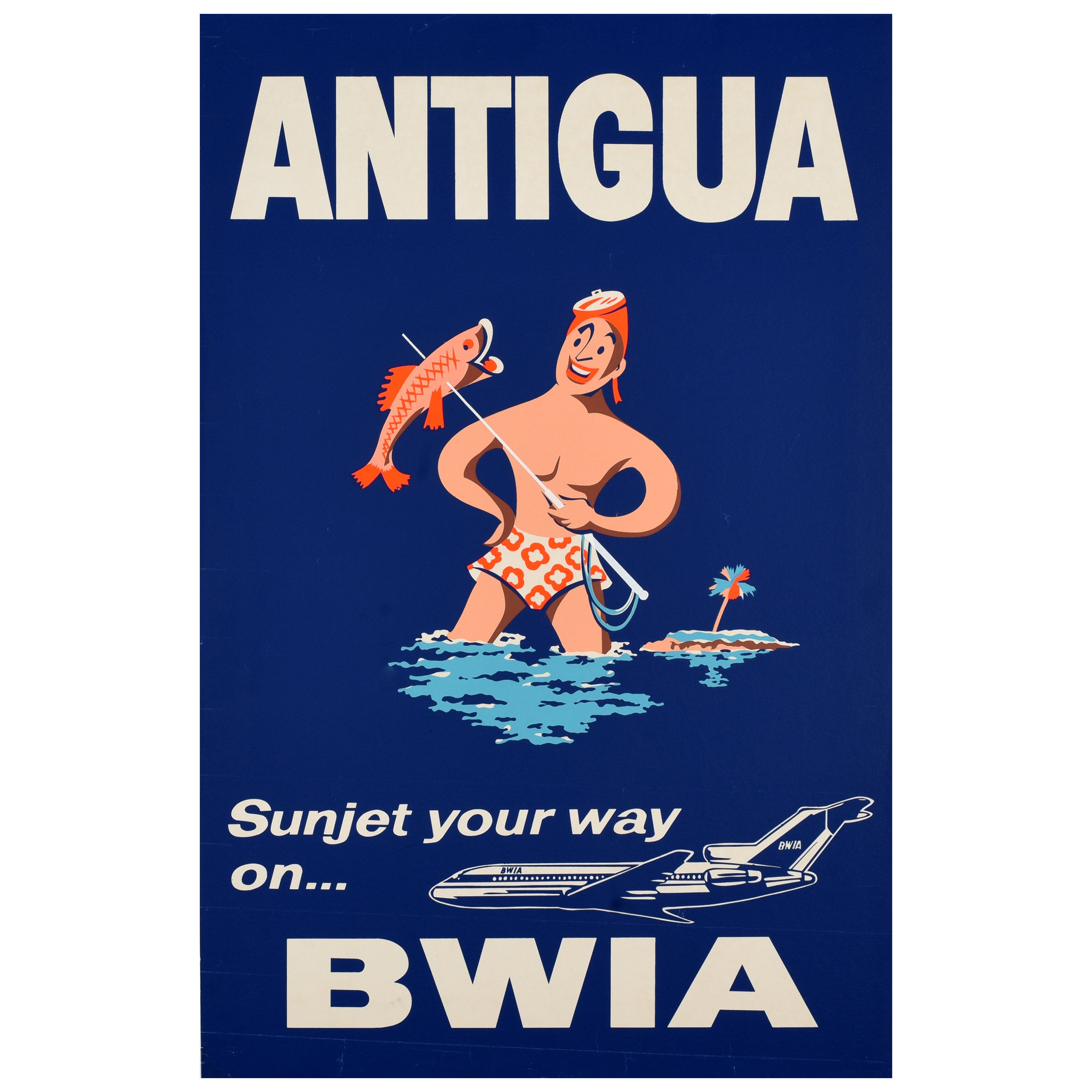 Poster di viaggio originale d'epoca Antigua BWIA Airline Sunjet Fishing Midcentury