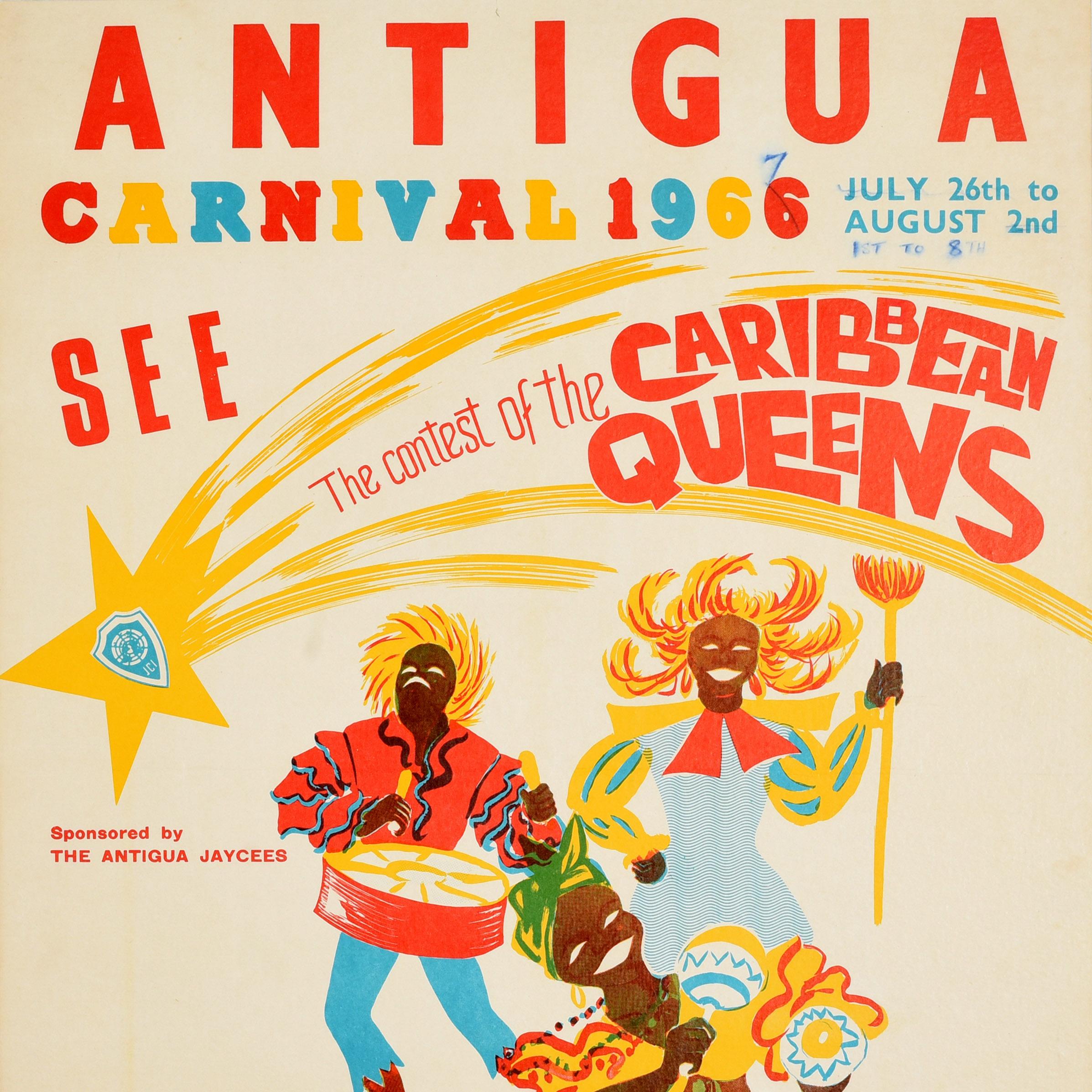 Barbudano Poster di viaggio originale d'epoca Antigua Carnevale 1966 BWIA LIAT Caraibi in vendita