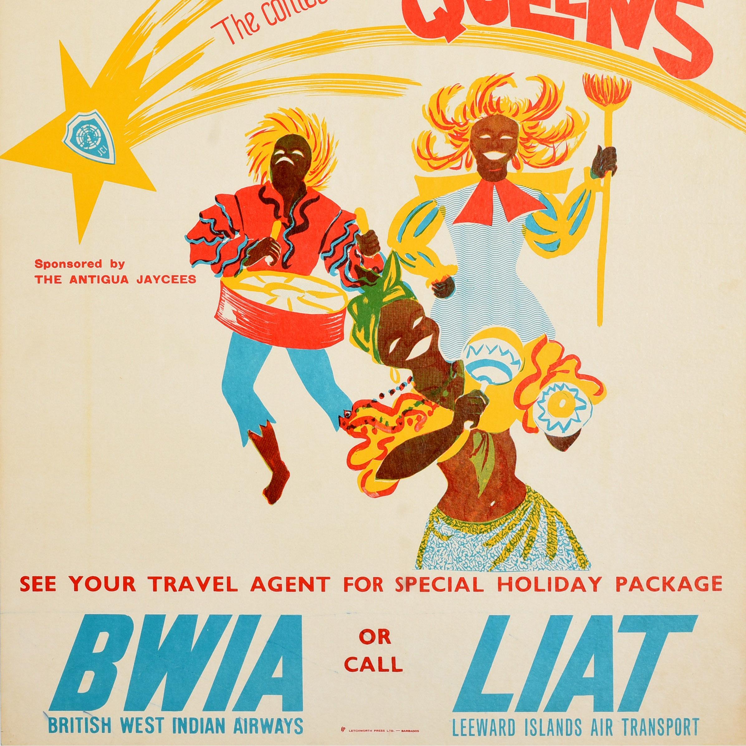 Poster di viaggio originale d'epoca Antigua Carnevale 1966 BWIA LIAT Caraibi In condizioni buone in vendita a London, GB