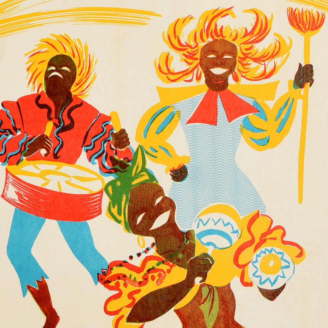 Metà XX secolo Poster di viaggio originale d'epoca Antigua Carnevale 1966 BWIA LIAT Caraibi in vendita