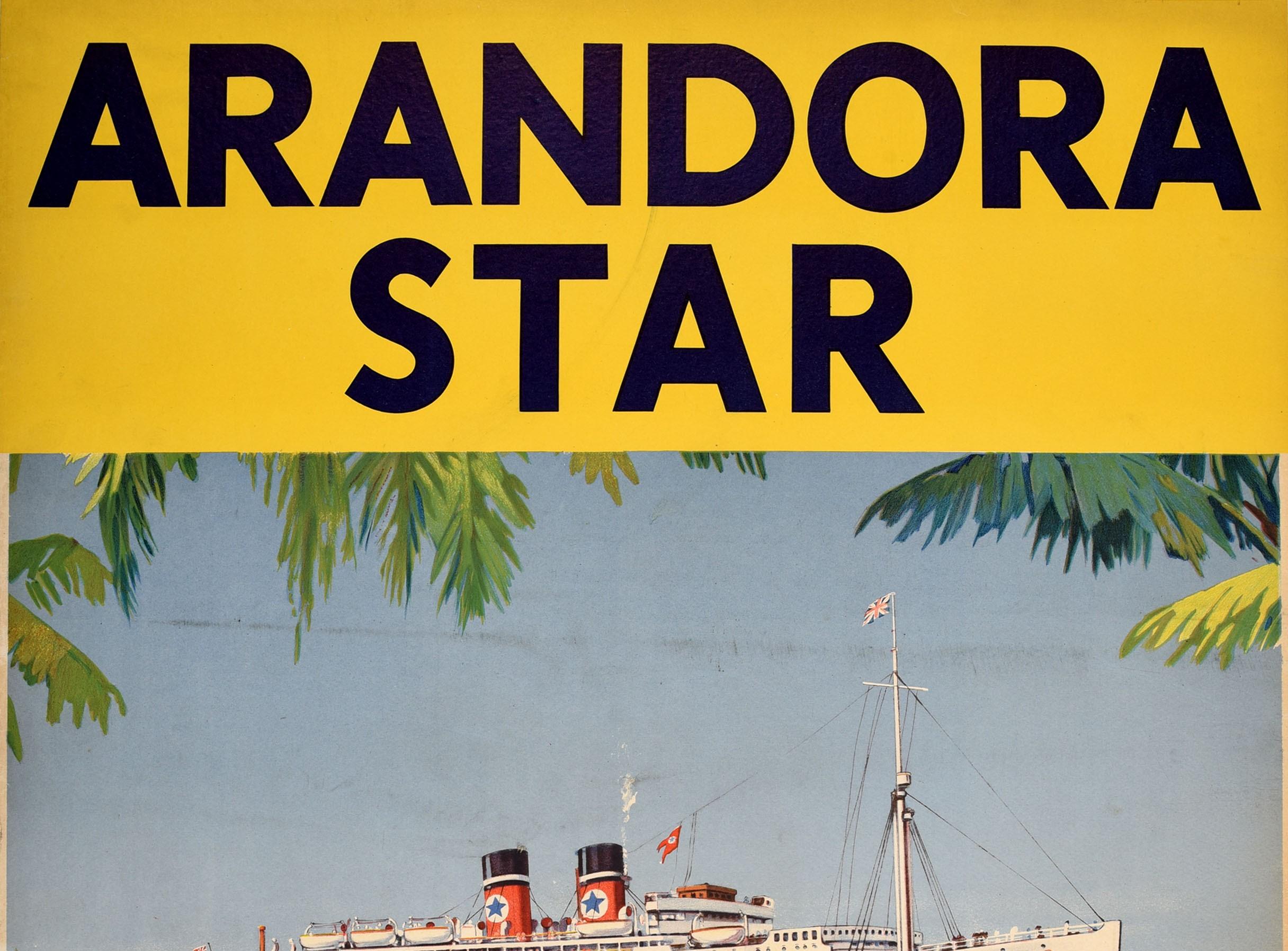 Original vintage cruise travel poster for Arandora Star the world's most delightful cruising liner Blue Star showing the ship moored at sea with passengers enjoying a trip to shore on small boats viewed from the coast with palm trees framing the
