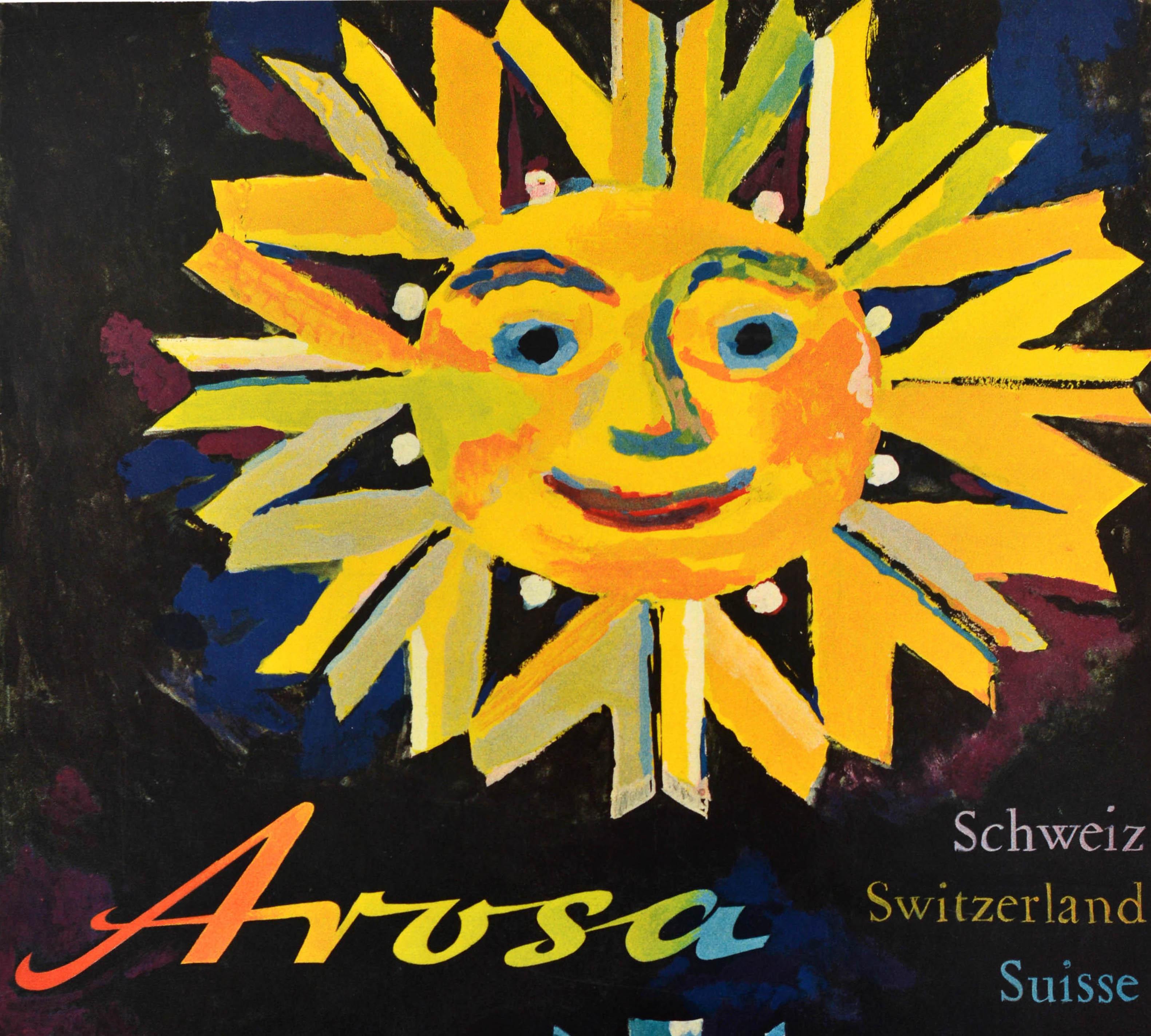 Original vintage travel poster for the Swiss summer and winter sports resort of Arosa Schweiz Switzerland Suisse featuring a fun and colourful design by Wolfgang Hausamann (1914-1994) depicting a smiling yellow sun above a blue and white snowflake
