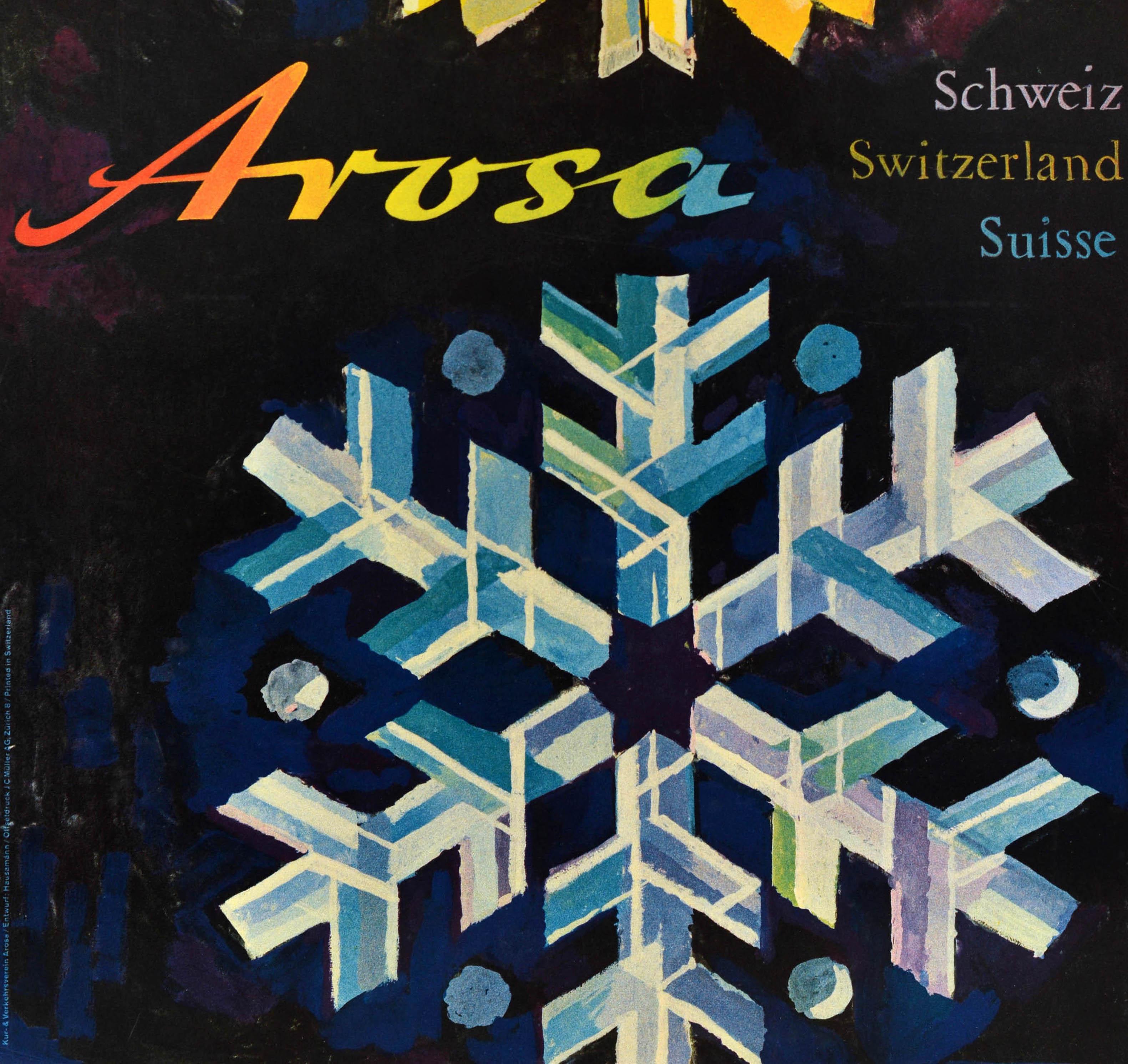 Swiss Original Vintage Travel Poster Arosa Switzerland Hausamann Sun Snowflake Resort For Sale