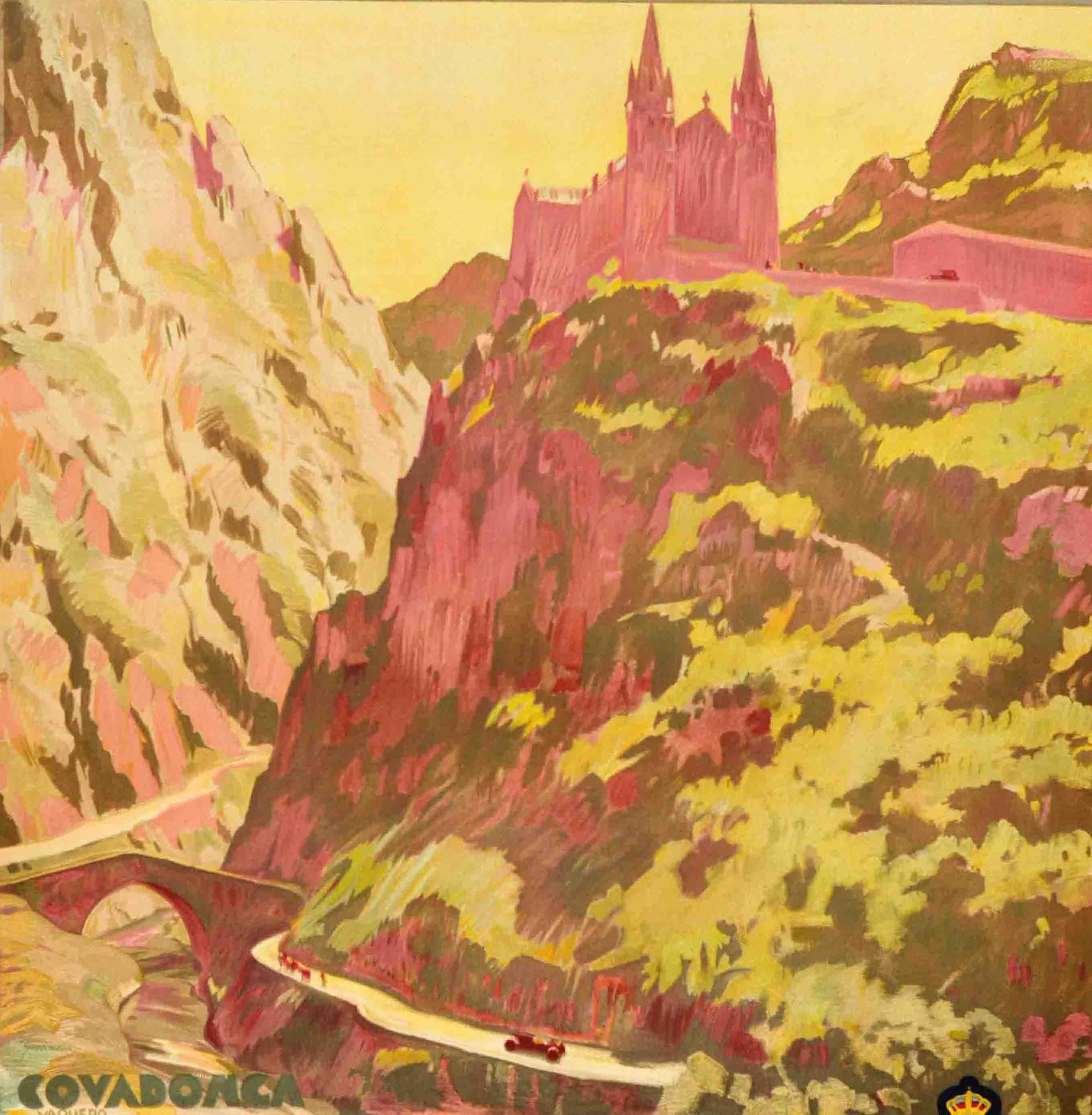 Original vintage travel poster issued by the Spanish national tourist board Patronato Nacional del Turismo PNT for the ancient mountain area in north west Spain - The Asturias its landscapes and its monuments / Asturias sus paisajes y sus monumentos