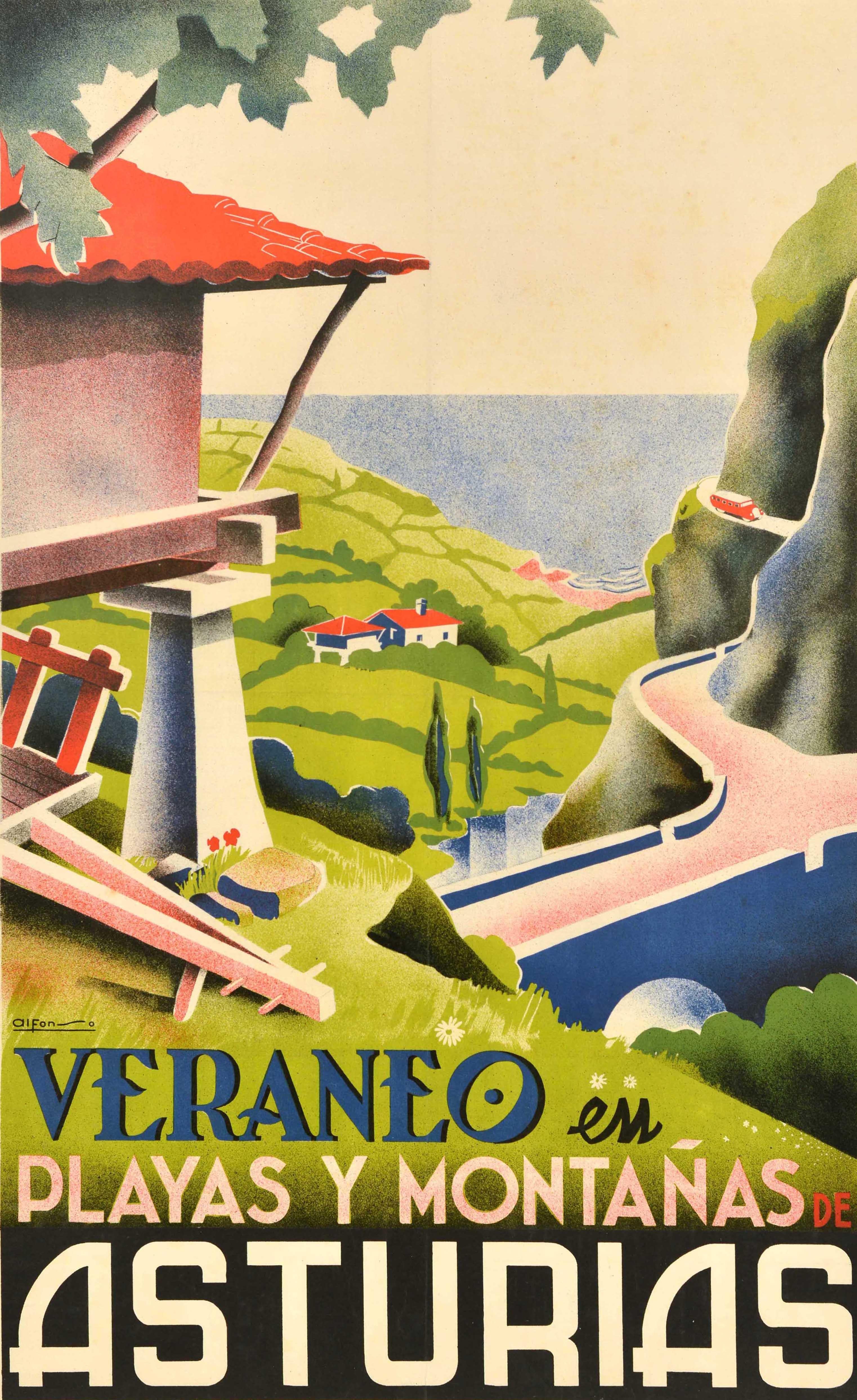 Original-Reiseplakat im Vintage-Stil - Sommerurlaub an den Stränden und in den Bergen Asturiens / Veraneo En Playas Y Montanas De Asturias - mit einer farbenfrohen Ansicht von Alfonso Iglesias López de Vívigo (1910-1988), die ein traditionelles