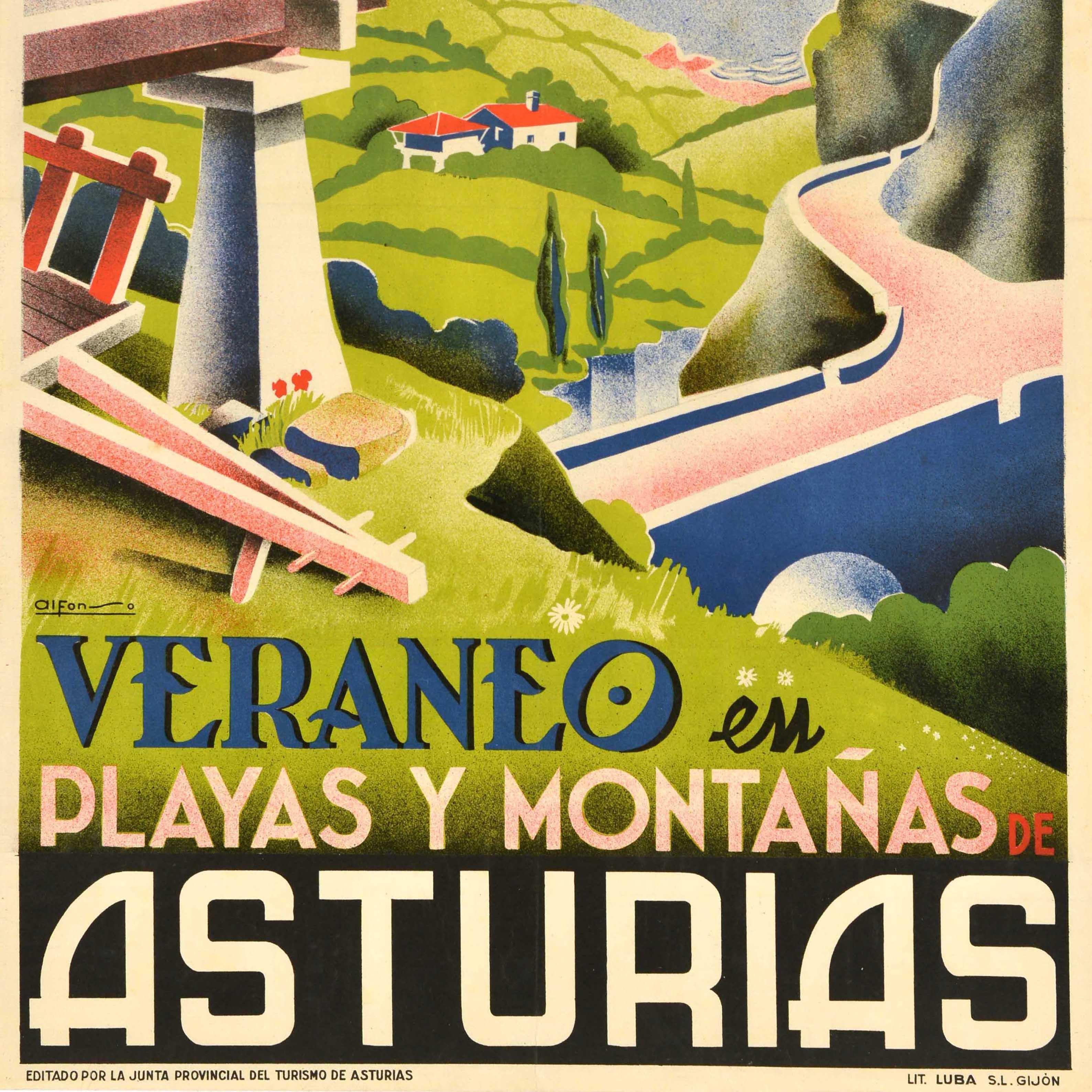 Original Vintage Travel Poster Asturien Sommerurlaub Strände Berge Spanien im Zustand „Gut“ im Angebot in London, GB