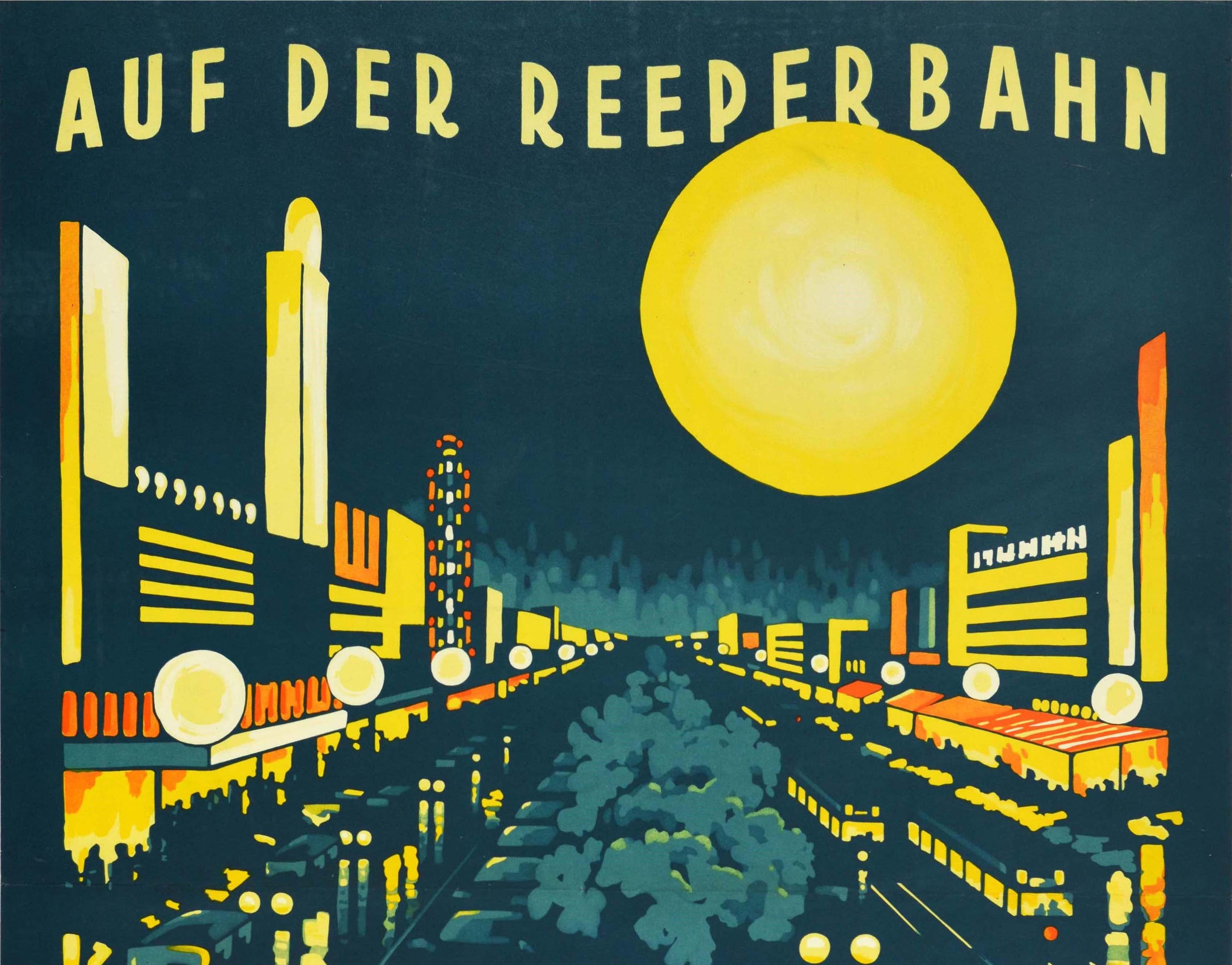 Original vintage travel poster promoting the St. Pauli area in Hamburg - Auf Der Reeperbahn - featuring a striking night time view over the city depicting the Reeperbahn street and entertainment district in Hamburg with Art Deco style lit up