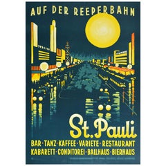Original Vintage Travel Poster Auf Der Reeperbahn St Pauli Hamburg City Night