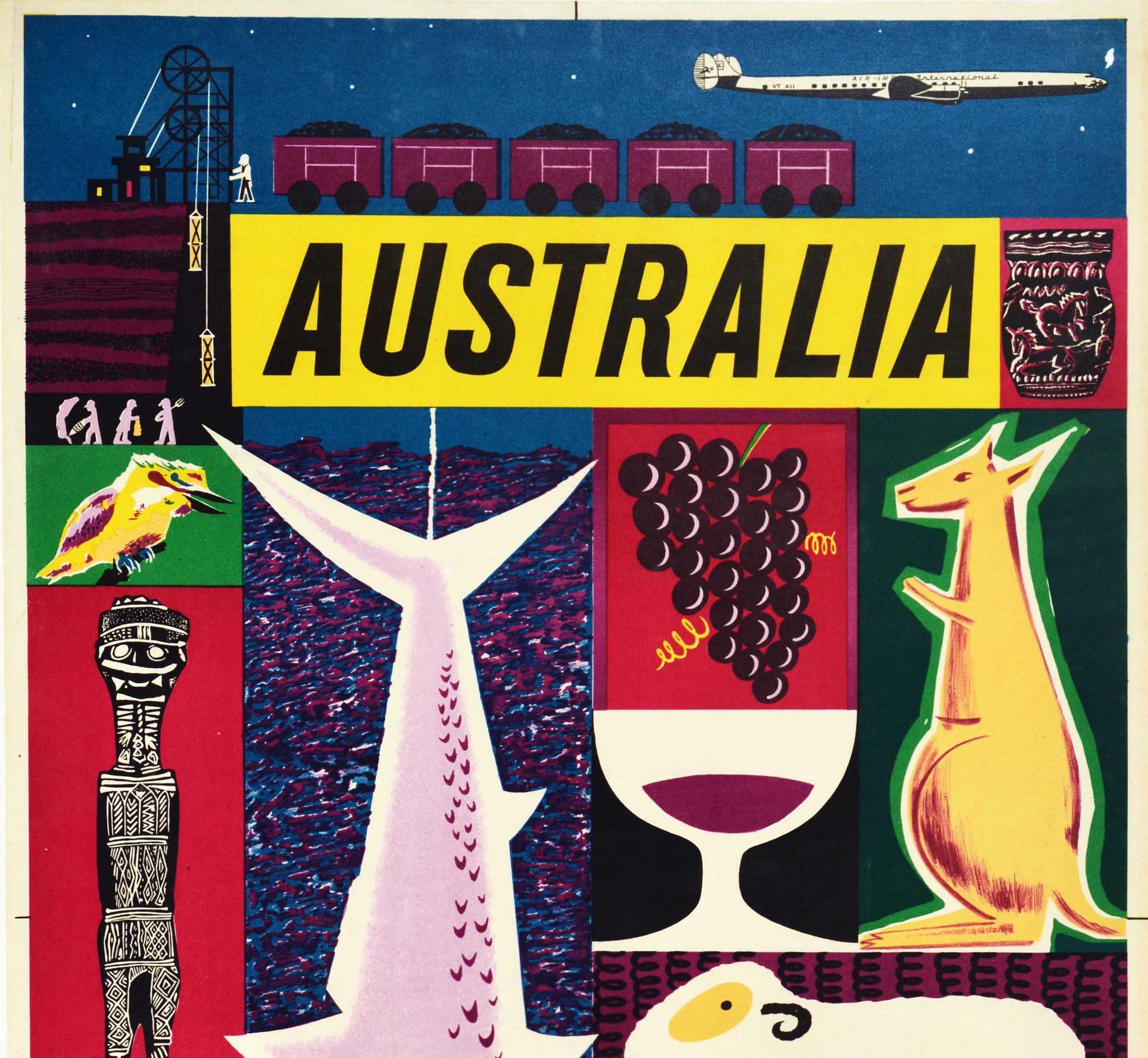 Original vintage travel poster issued by Air-India International for Australia featuring stunning colourful illustrations of a plane flying over people working in a coal mine with a coal train loaded on a railway track above the bold title Australia