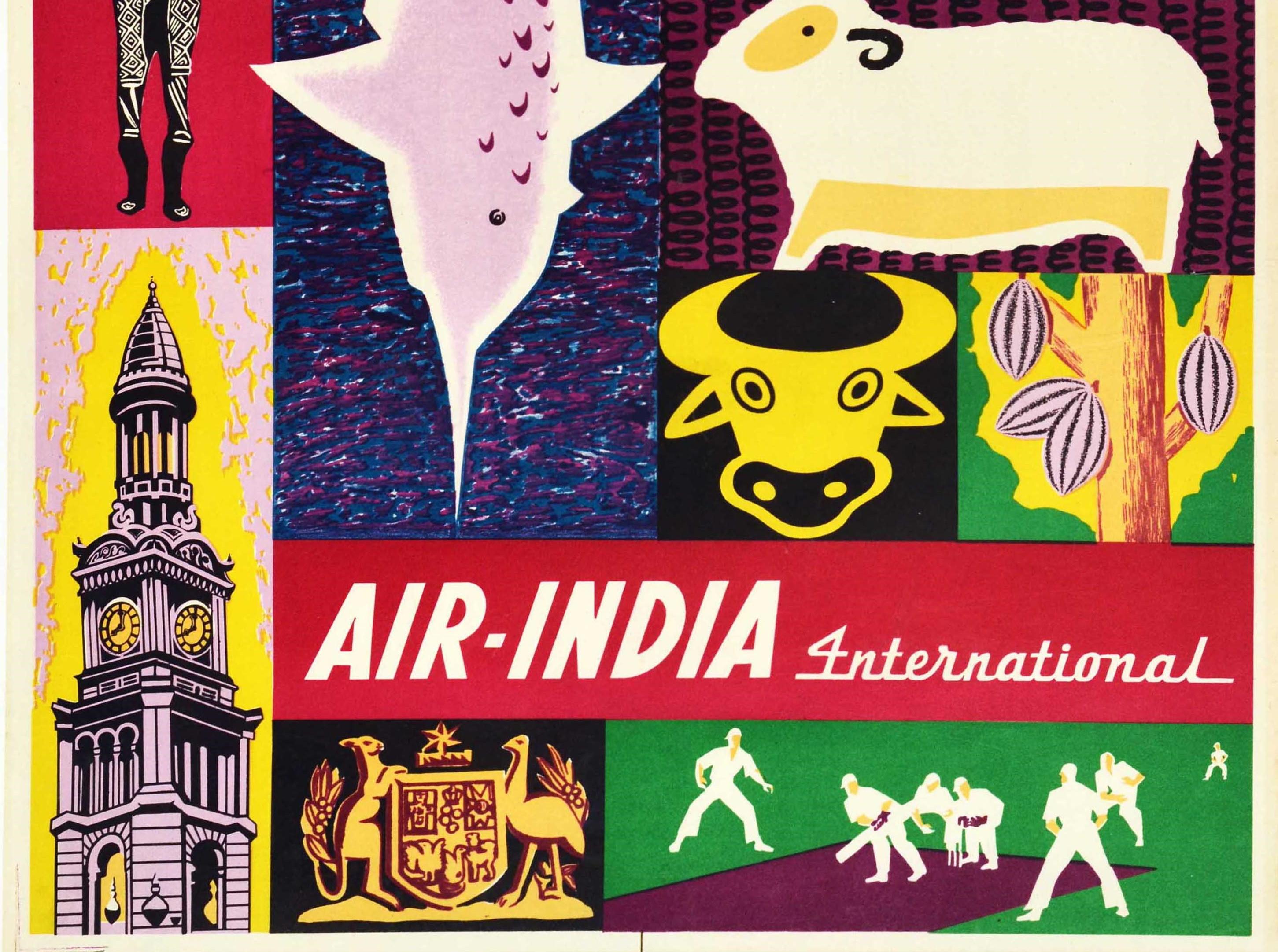 Indian Original Vintage Travel Poster Australia Air India Plane Cricket Fishing Wine For Sale