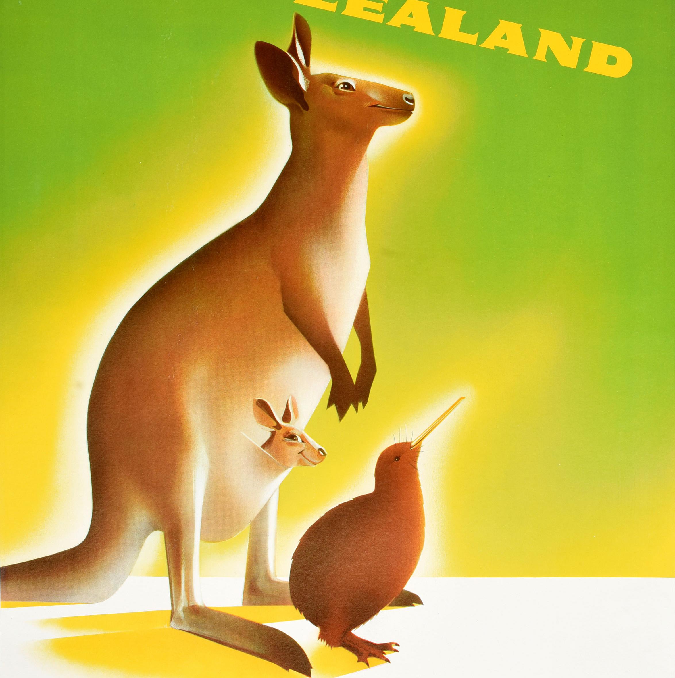 Original vintage travel poster for Australia New Zealand Fly Canadian Pacific featuring a bright and colourful design of the national animals of each country - a kangaroo with a smiling joey in her pouch and a kiwi bird - on a green background