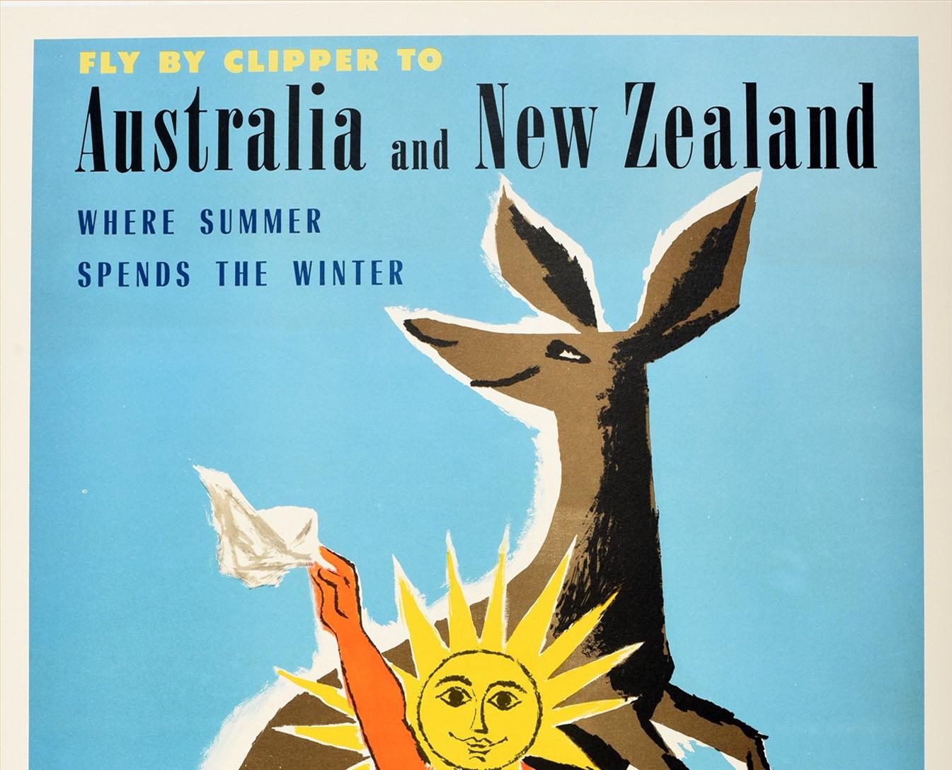 Original vintage travel poster - Fly By Clipper To Australia and New Zealand Where Summer Spends The Winter Pan American World Airways The World's Most Experienced Airline - featuring a fun and colourful design by Jean Carlu (1900-1997) and Fred