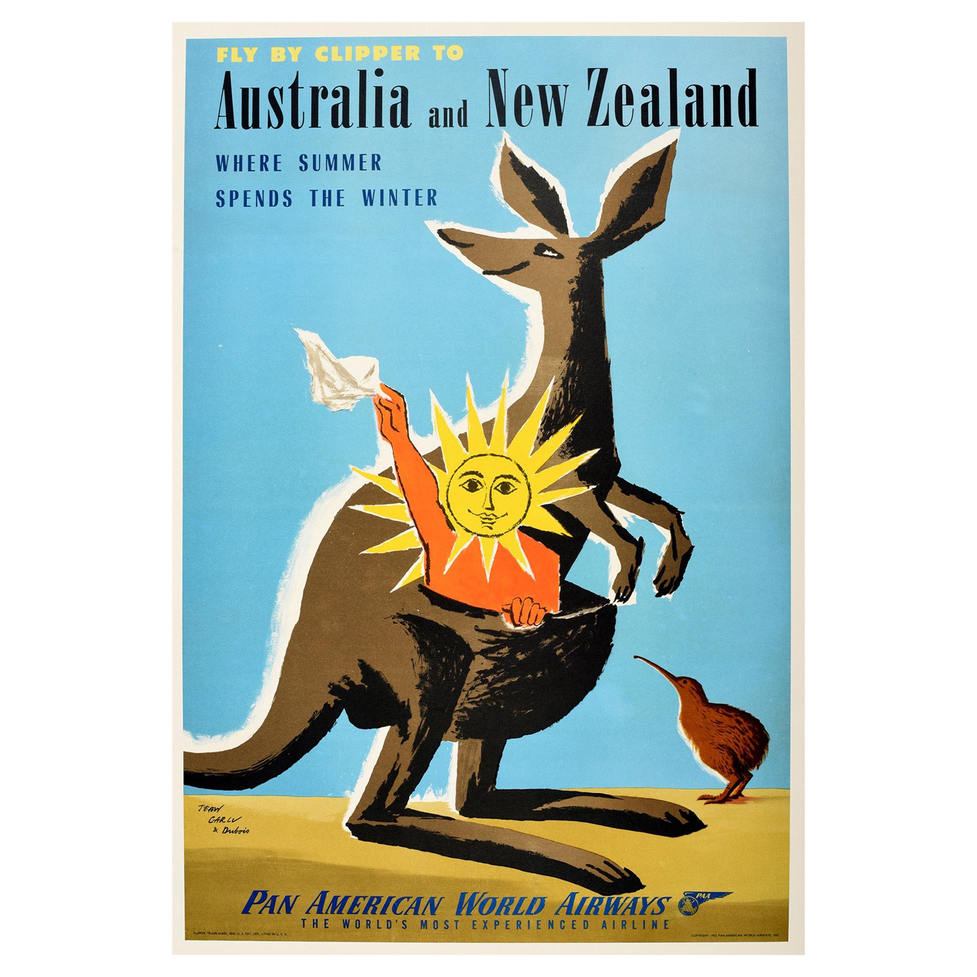Original Vintage Travel Poster Australia New Zealand PanAm Clipper Kangaroo Kiwi