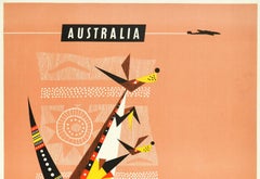 Poster di viaggio originale d'epoca Australia Qantas Compagnia Aerea d'Oltremare Canguro Design