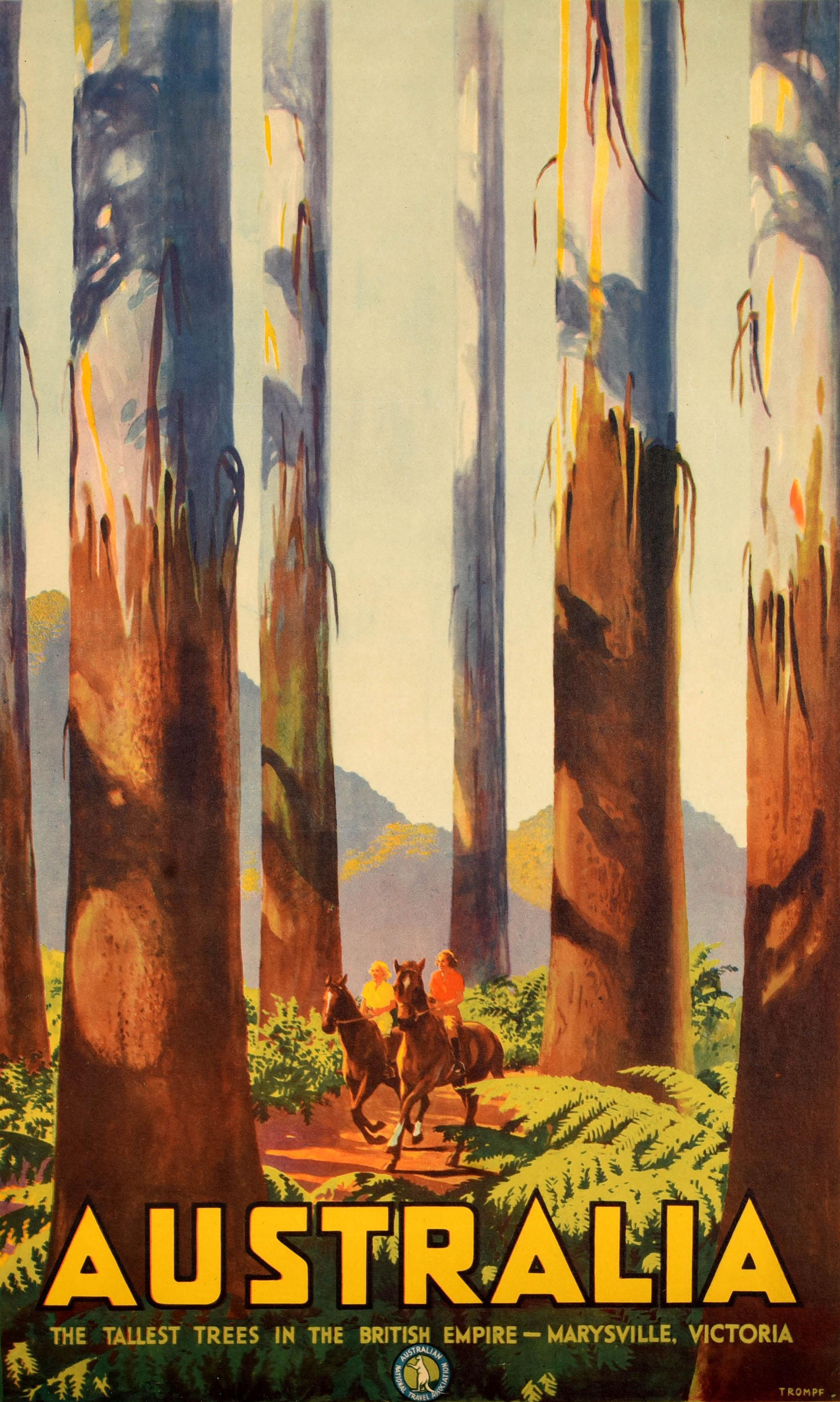 Affiche de voyage vintage originale - Australia The Tallest Trees in the British Empire Marysville Victoria - présentant un dessin Art déco de l'affichiste australien Percy Trompf (1902-1964) représentant une vue pittoresque de deux dames à cheval