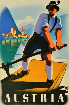 Original Vintage Cartel de Viaje Austria Barquero Paul Kirnig Zille Barco Tirol