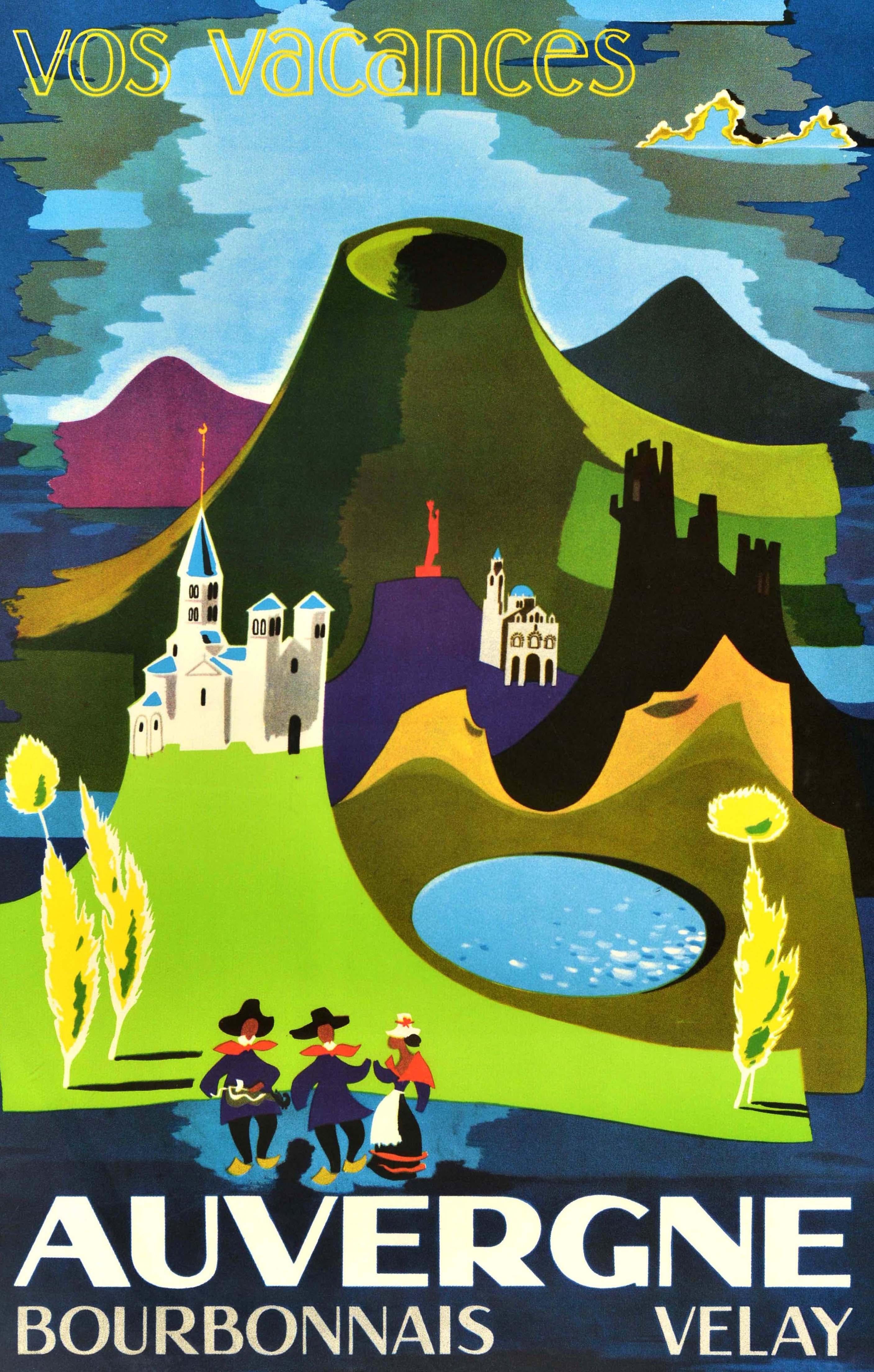 Original vintage travel poster. Your holiday Auvergne Bourbonnais Velay / Vos vacances Auvergne Bourbonnais Velay, featuring colourful illustrations of hills and mountains with historic castles and churches, a lake and trees on a blue background,