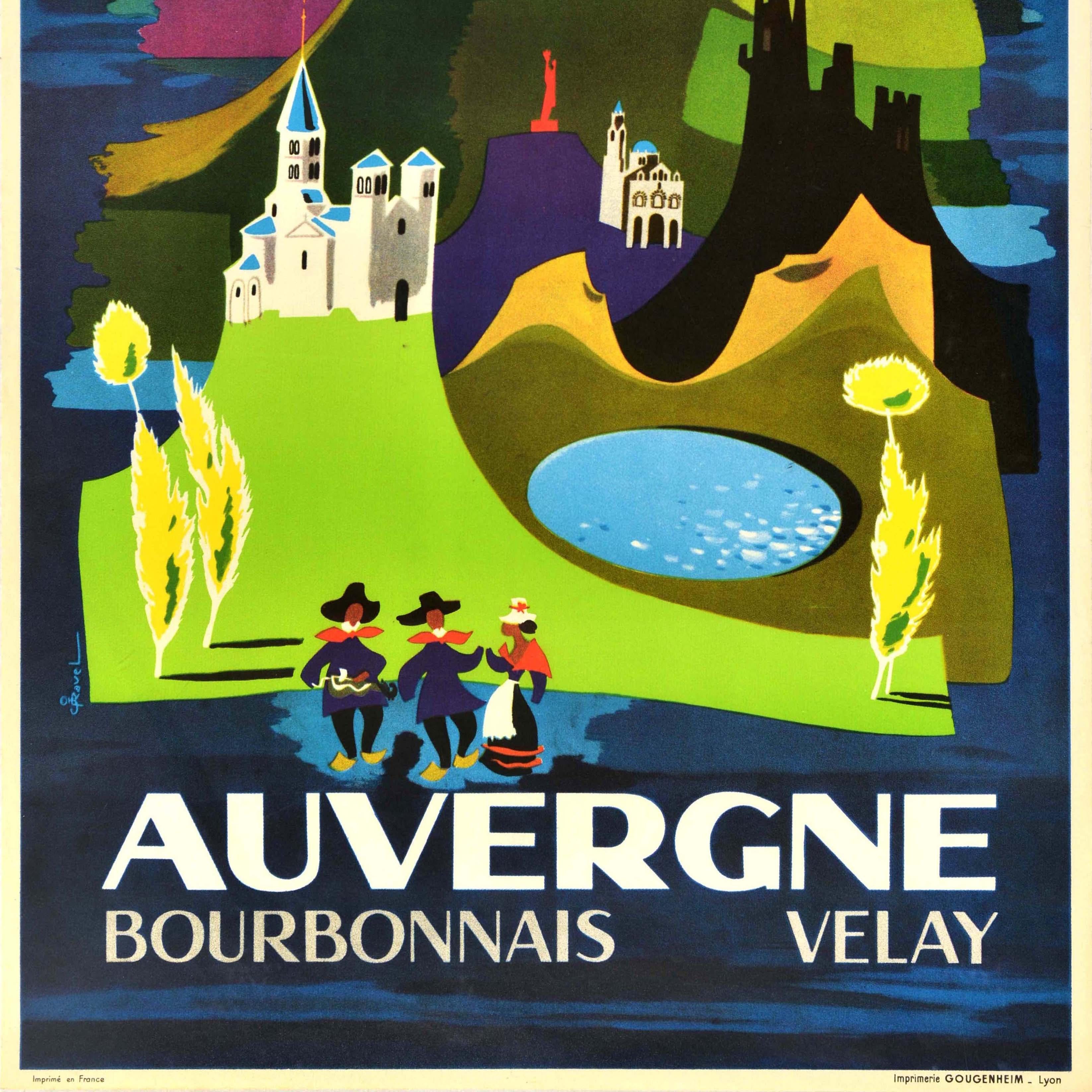 Français Affiche rétro originale de voyage, Auvergne Bourbonnais, Dessin de vacances en incrustation en vente