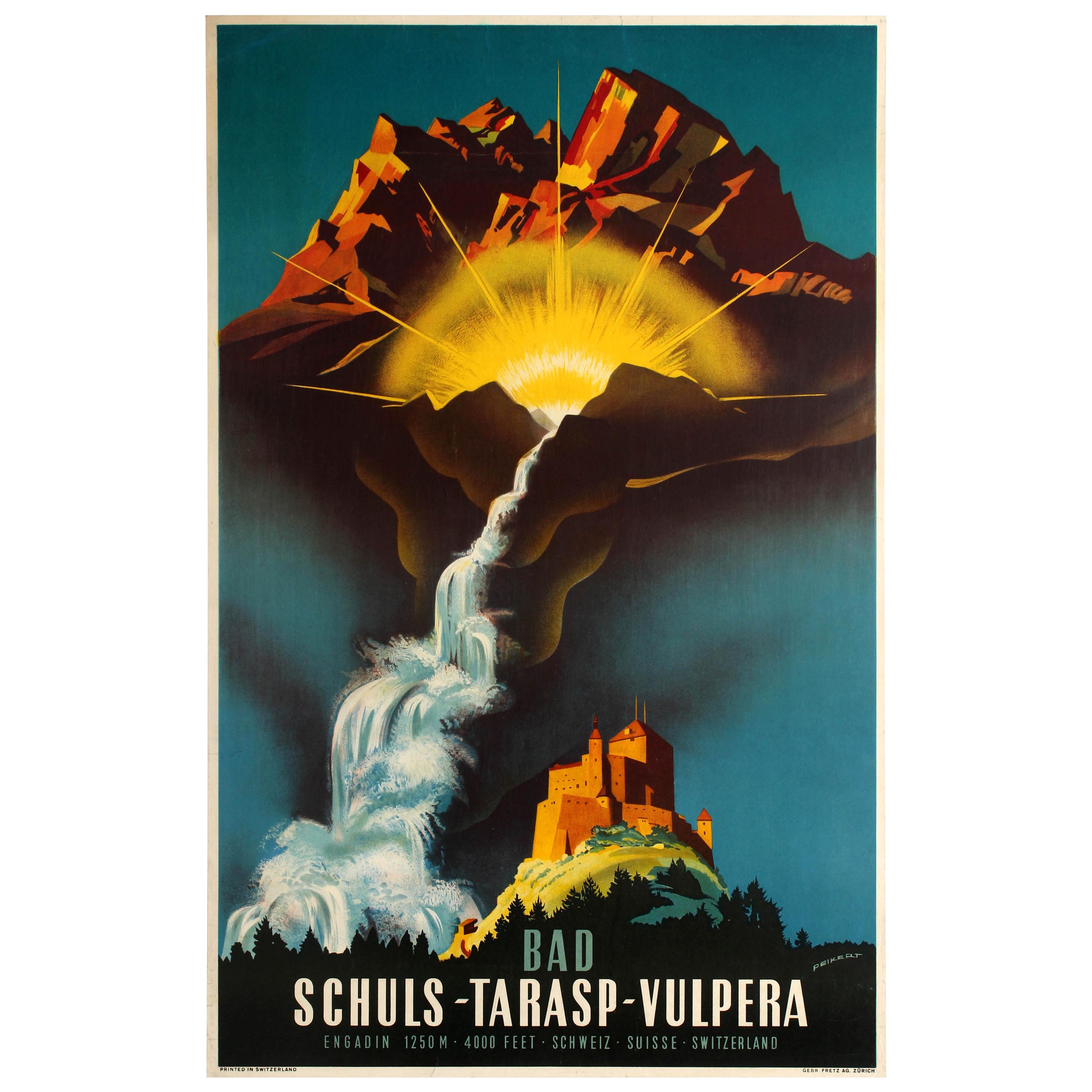Original Vintage Travel Poster Bad Schuls Tarasp Vulpera Spa Engadin Castle Alps