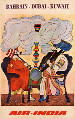 Original Vintage Travel Poster Bahrain Dubai Kuwait Air India Maharajah Shisha