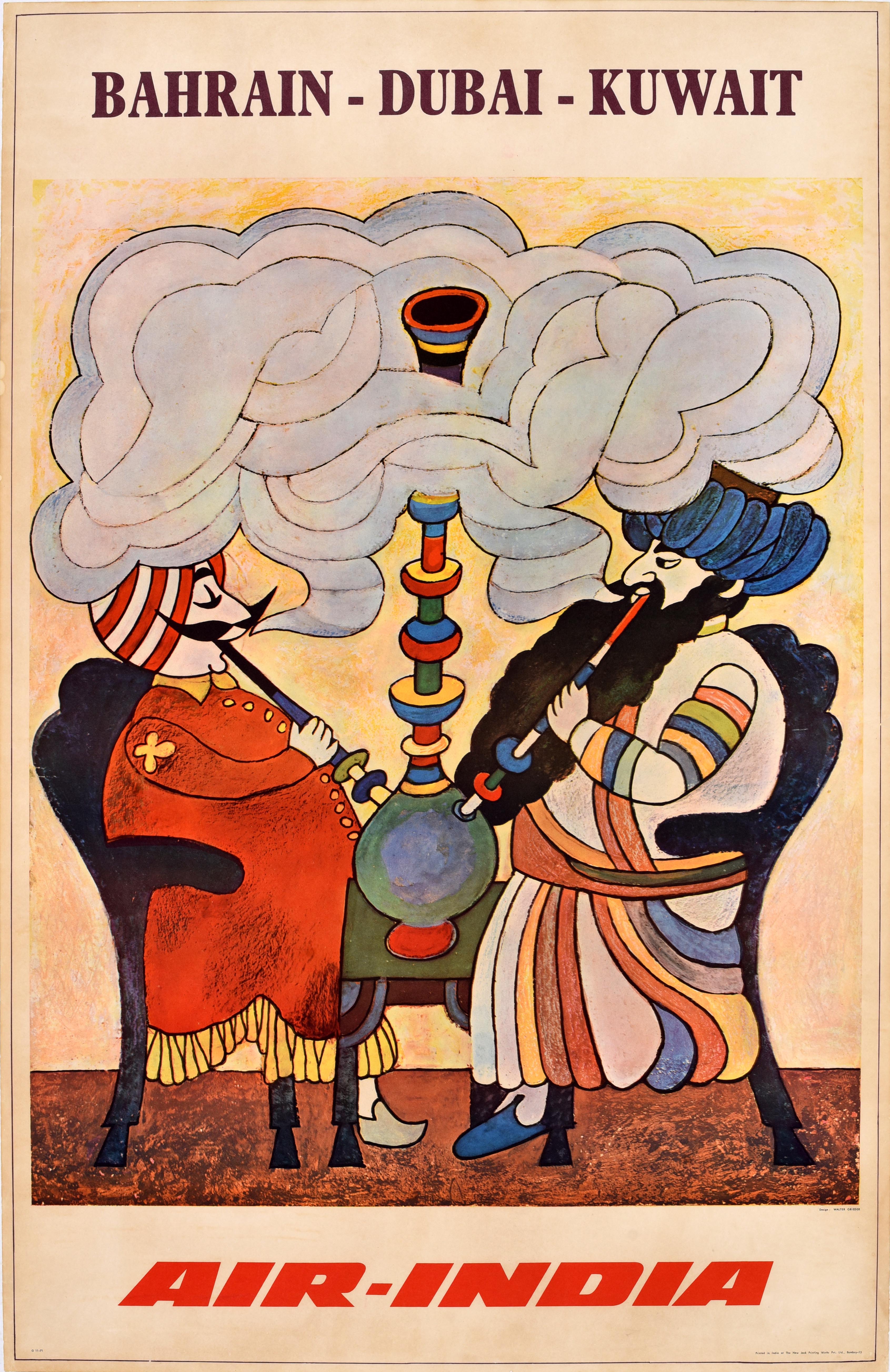 Original Vintage Travel Poster Bahrain Dubai Kuwait Air India Maharajah Shisha