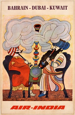 Original Vintage Travel Poster Bahrain Dubai Kuwait Air India Maharajah Shisha