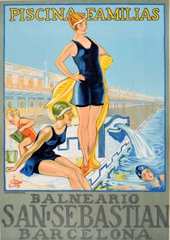 Original Vintage Travel Poster Balneario San Sebastian Barcelona Piscina Familia