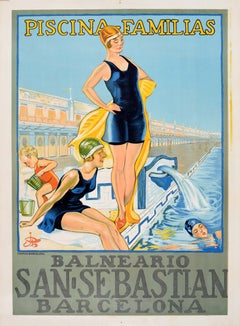 Original Vintage Travel Poster Balneario San Sebastian Barcelona Piscina Familia
