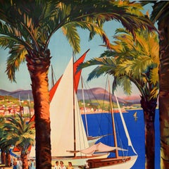 Poster di viaggio originale d'epoca Bandol Cote d'Azur Costa Azzurra Art Deco Design