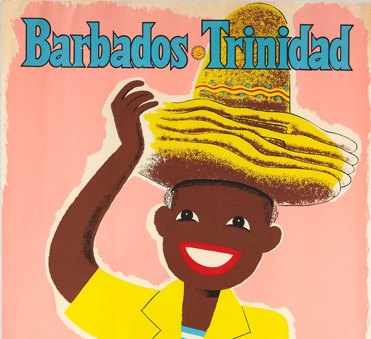 Original vintage travel poster for Barbados Trinidad Fly TCA Trans-Canada Airlines featuring a fun design depicting a smiling hat seller wearing a blue and white striped and yellow top and holding a pile of decorated straw hats on his head against a