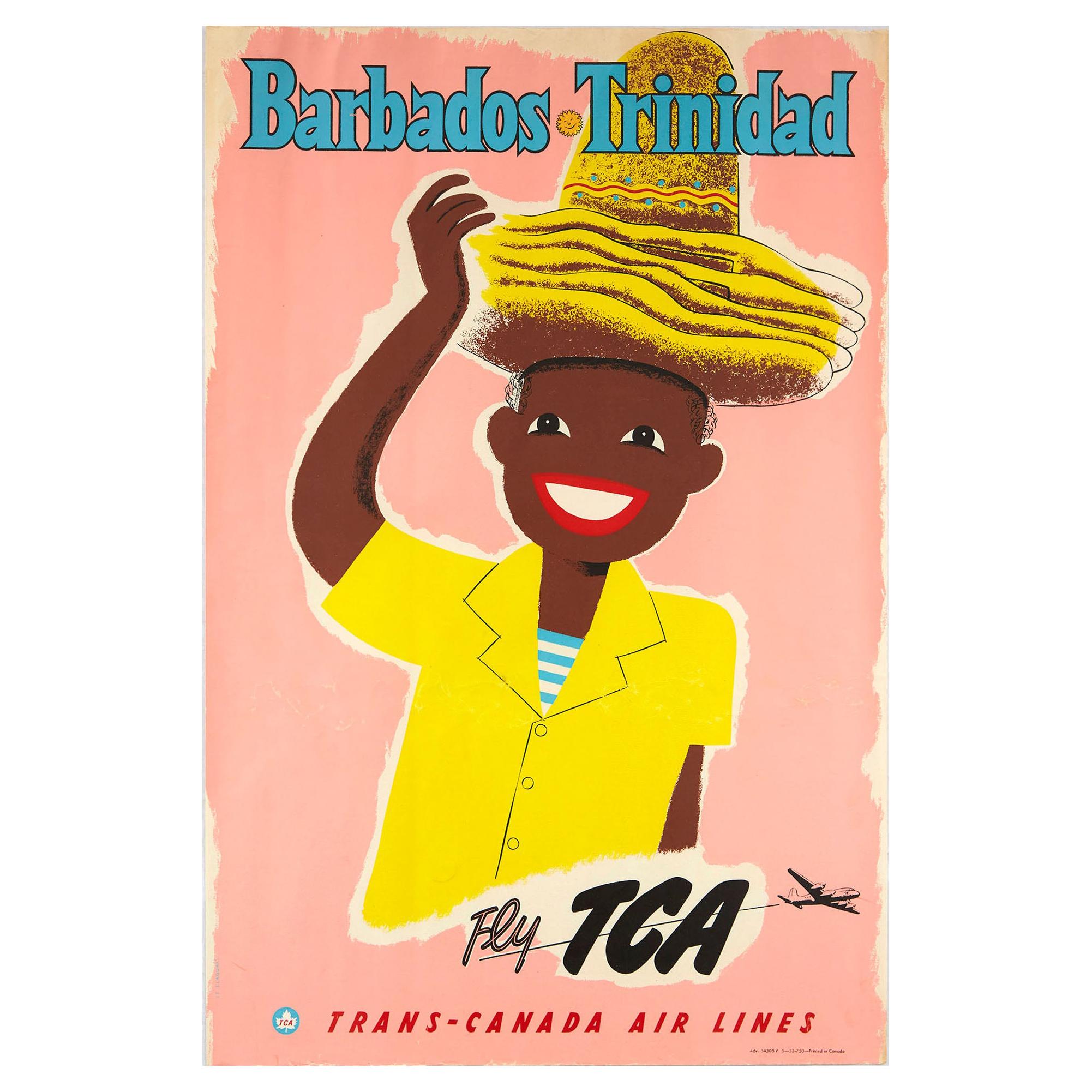 Original Vintage Travel Poster Barbados Trinidad Fly TCA Trans Canadian Airlines