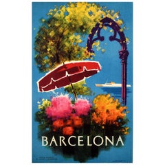 Poster di viaggio originale d'epoca Barcellona Spagna Parasol Espana Domenech (Piccolo)