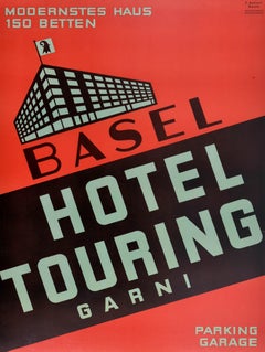 Cartel de viaje vintage original Basilea Hotel Touring Garni Ferdinand Schott