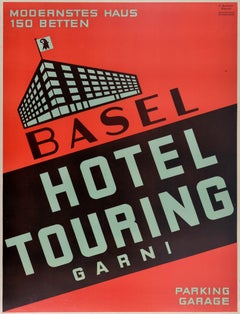 Cartel de viaje vintage original Basilea Hotel Touring Garni Ferdinand Schott